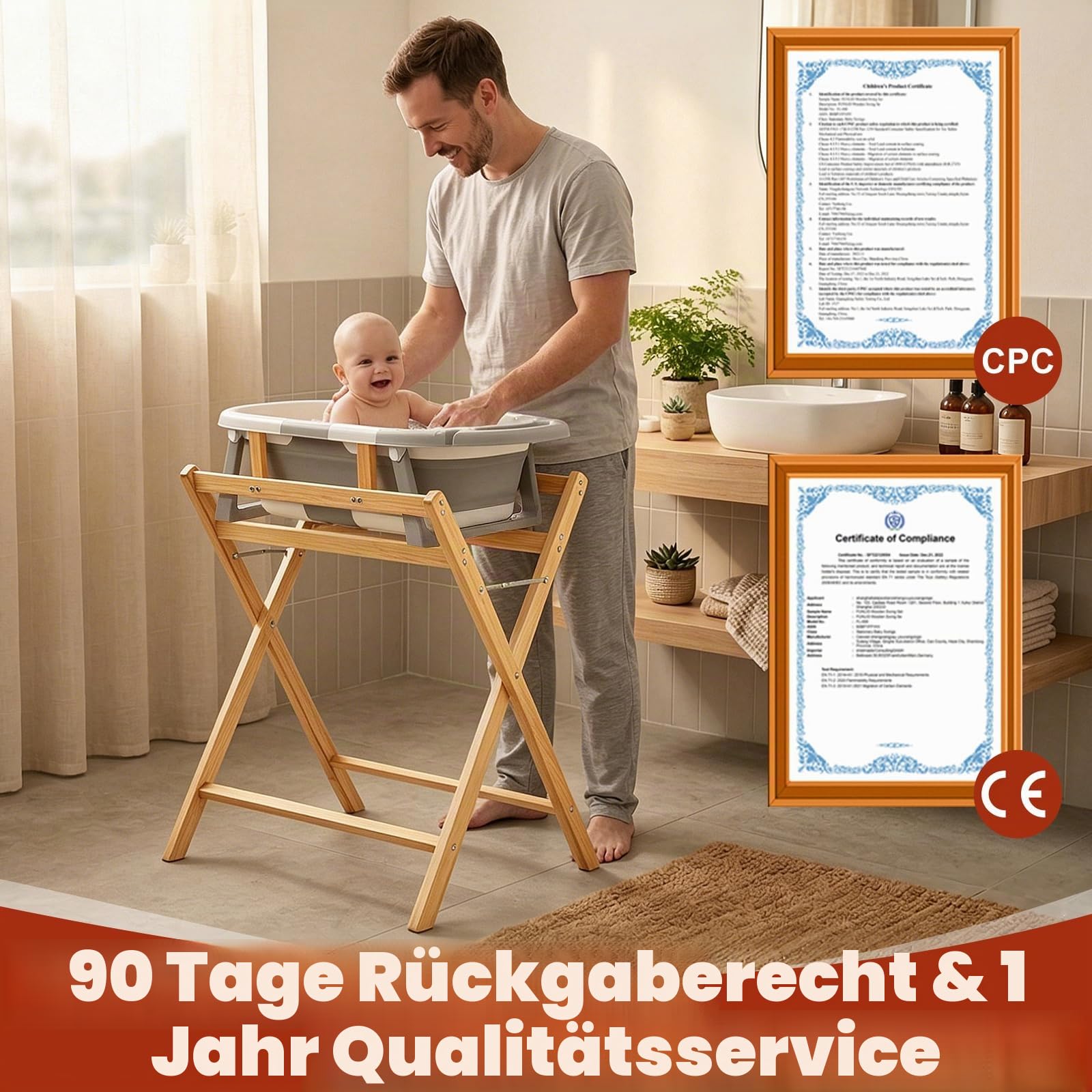 FUNLIO Baby-Badewannenständer, Massiver Holzsockel für Baby-Badewanne, Stehende Babybadewanne, Faltenbar & Einfach zu lagern
