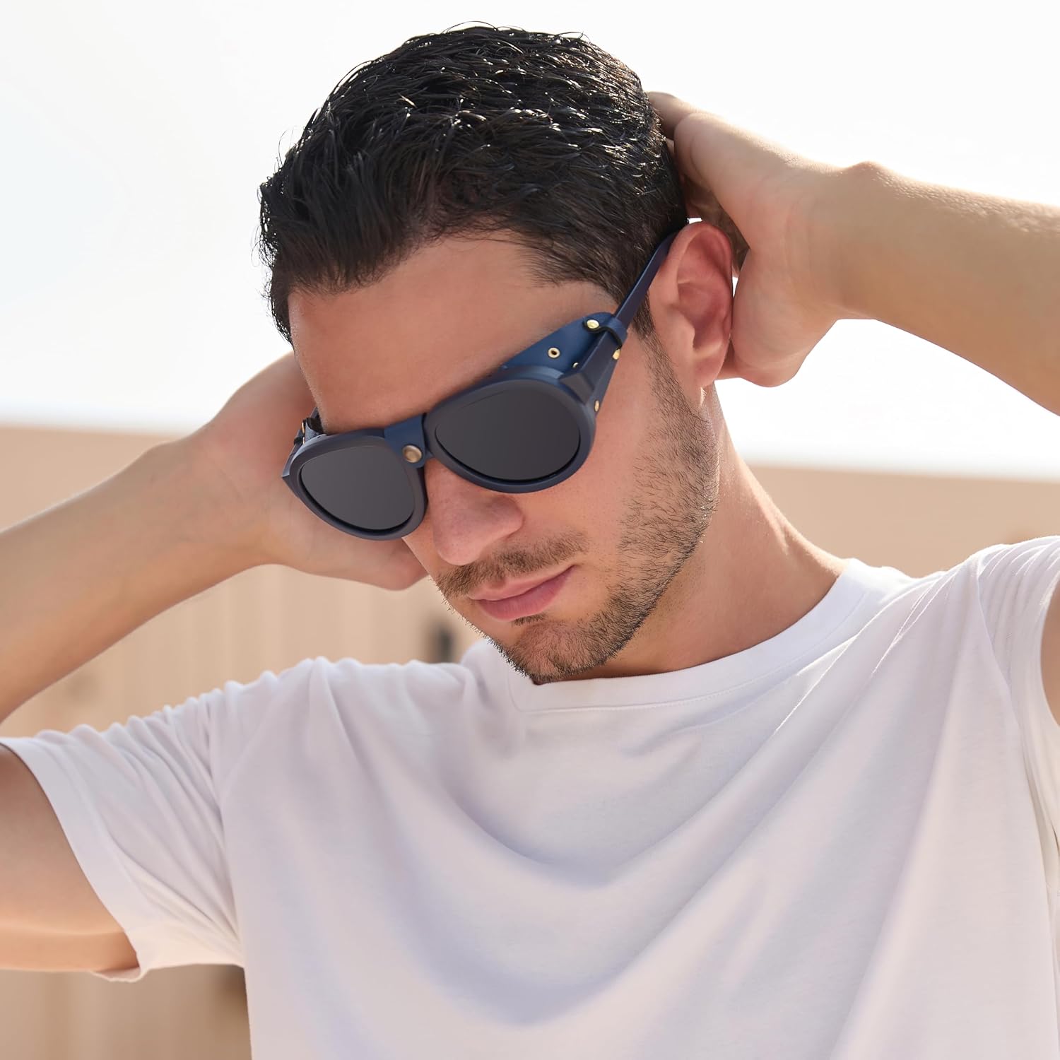 Retro Aviator Steampunk Polarized Sunglasses with Leather Side Shield Vintage Goggles Gothic Eyewear for Men Women - Image 3