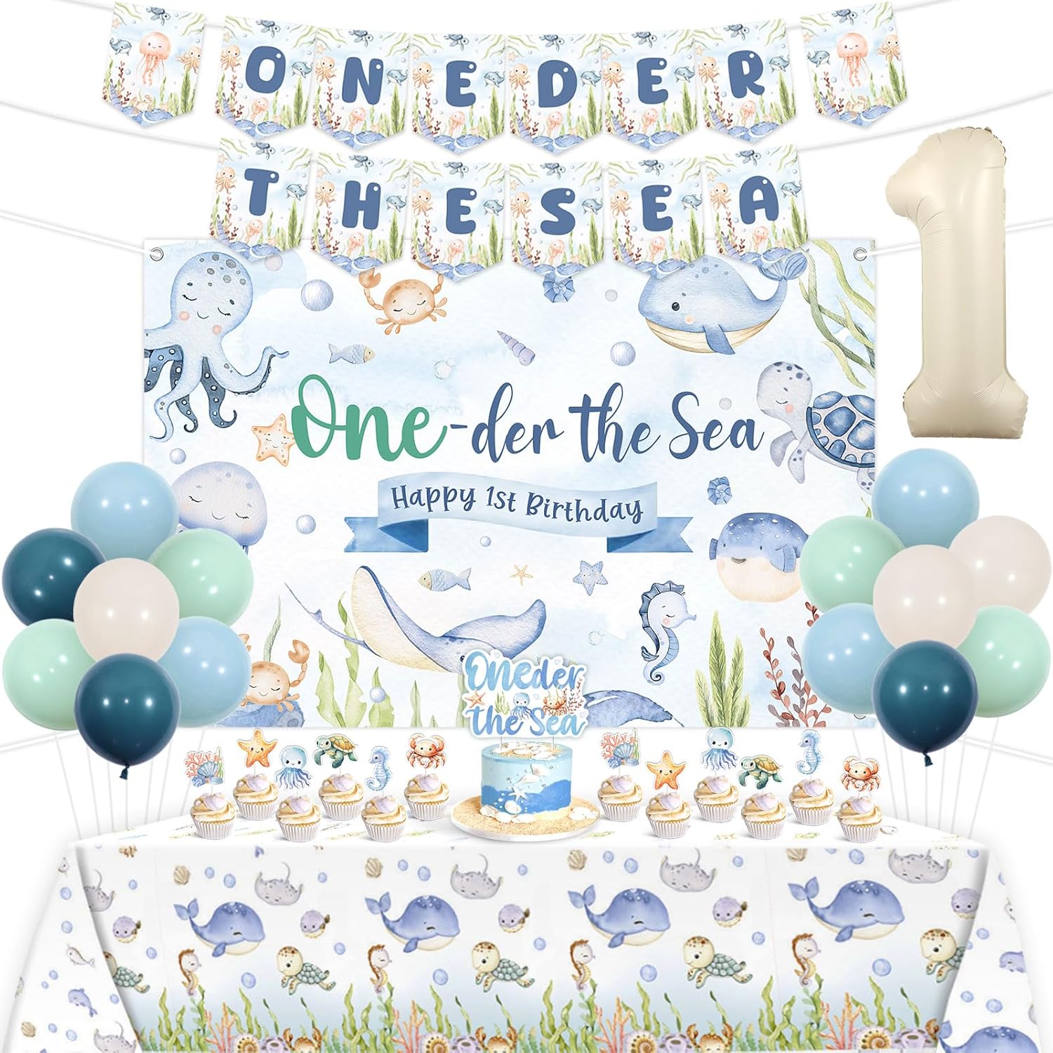 Jollyboom Oneder the Sea Party Decorations Boy, Under the Sea 1st Birthday Decorations Backdrop Banner Cake Cupcake Topper Number 1 Balloons Tablecloth for 1 Year Old Boy