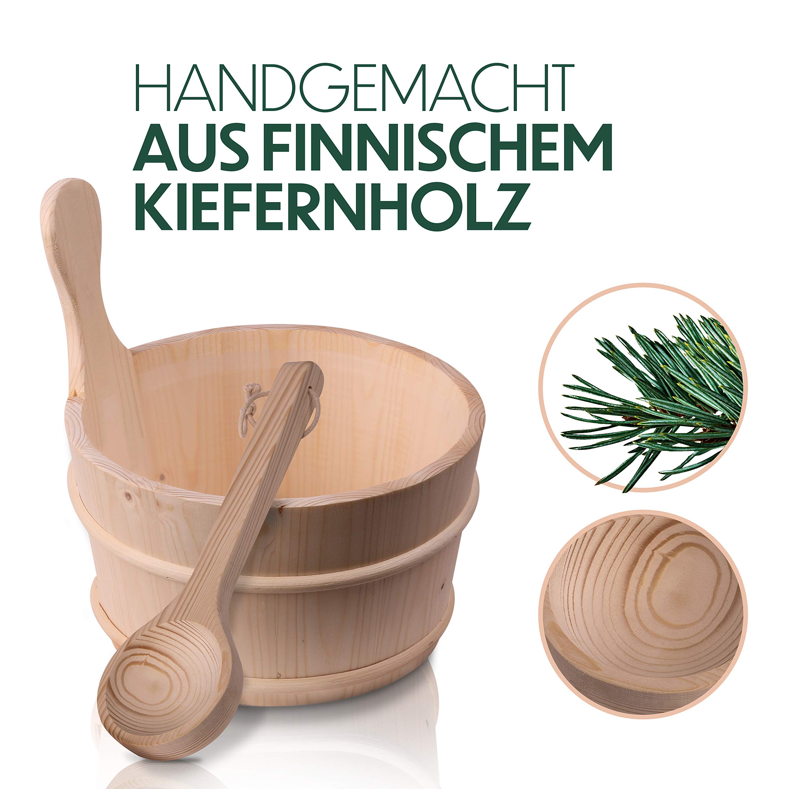 CozyNature Sauna Bucket con cucharón de madera de pino finlandés, incluyendo la tapa de plástico - 4 litros (cubo de sauna + cucharón + tapa de plástico)