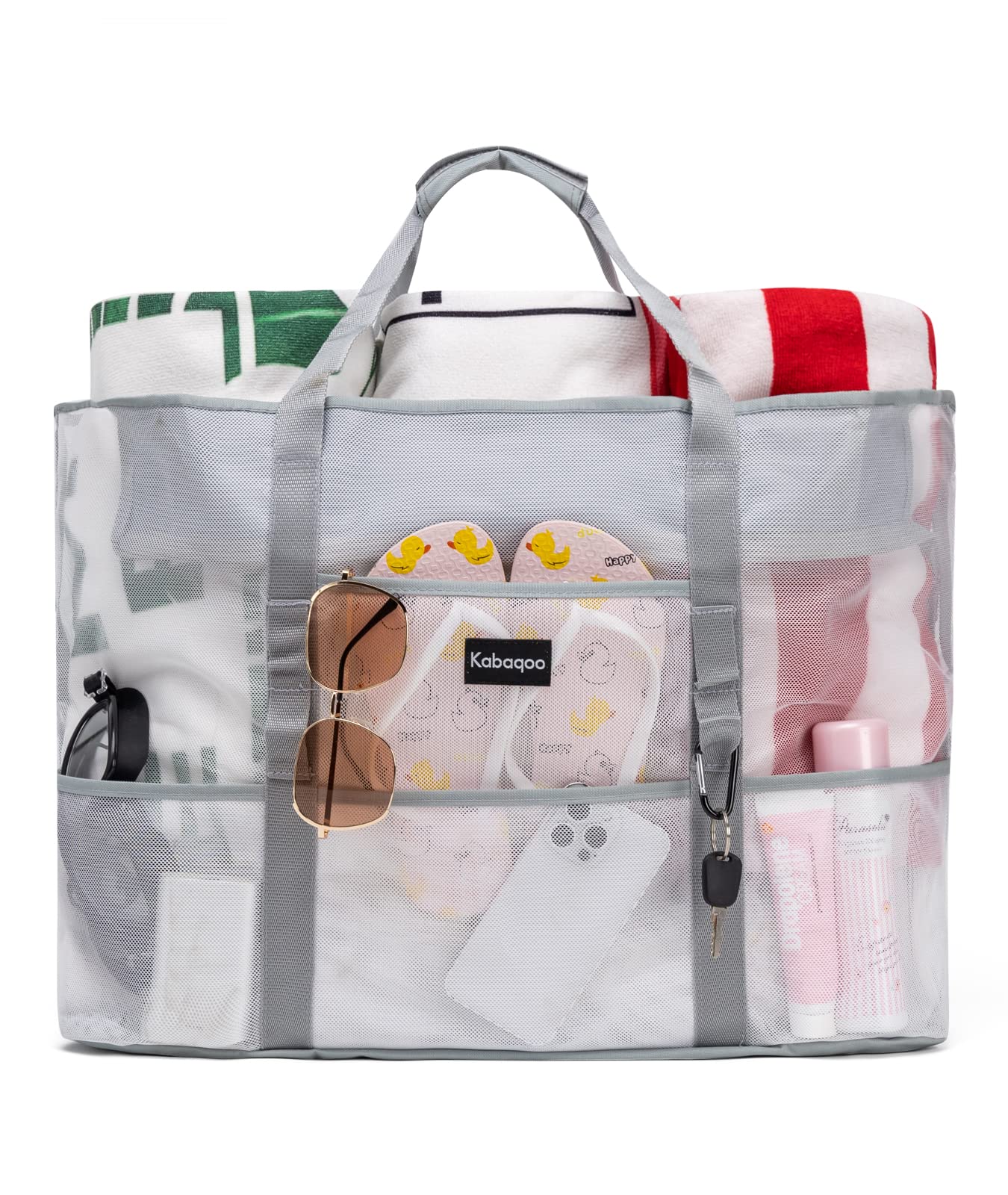 KABAQOO Mesh Beach Bag, Extra Large Beach Bags with 9 Pockets & Zipper Waterproof Lightweight Beach Tote for Beach/Pool Trip