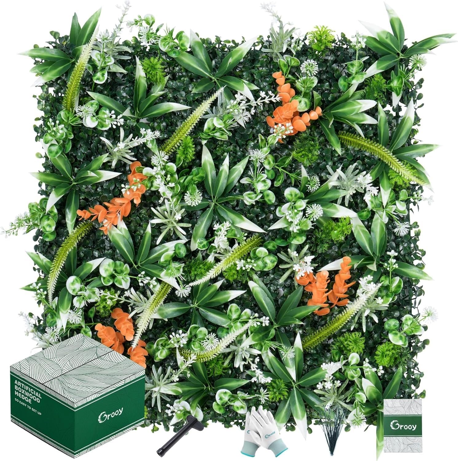 Grooy 20"X20" Artificial Boxwood Panels, 8PCS Grass Wall Hedge Panels UV-Protected Greenery Privacy Hedge Screen, Grass Backdrop Wall for Indoor