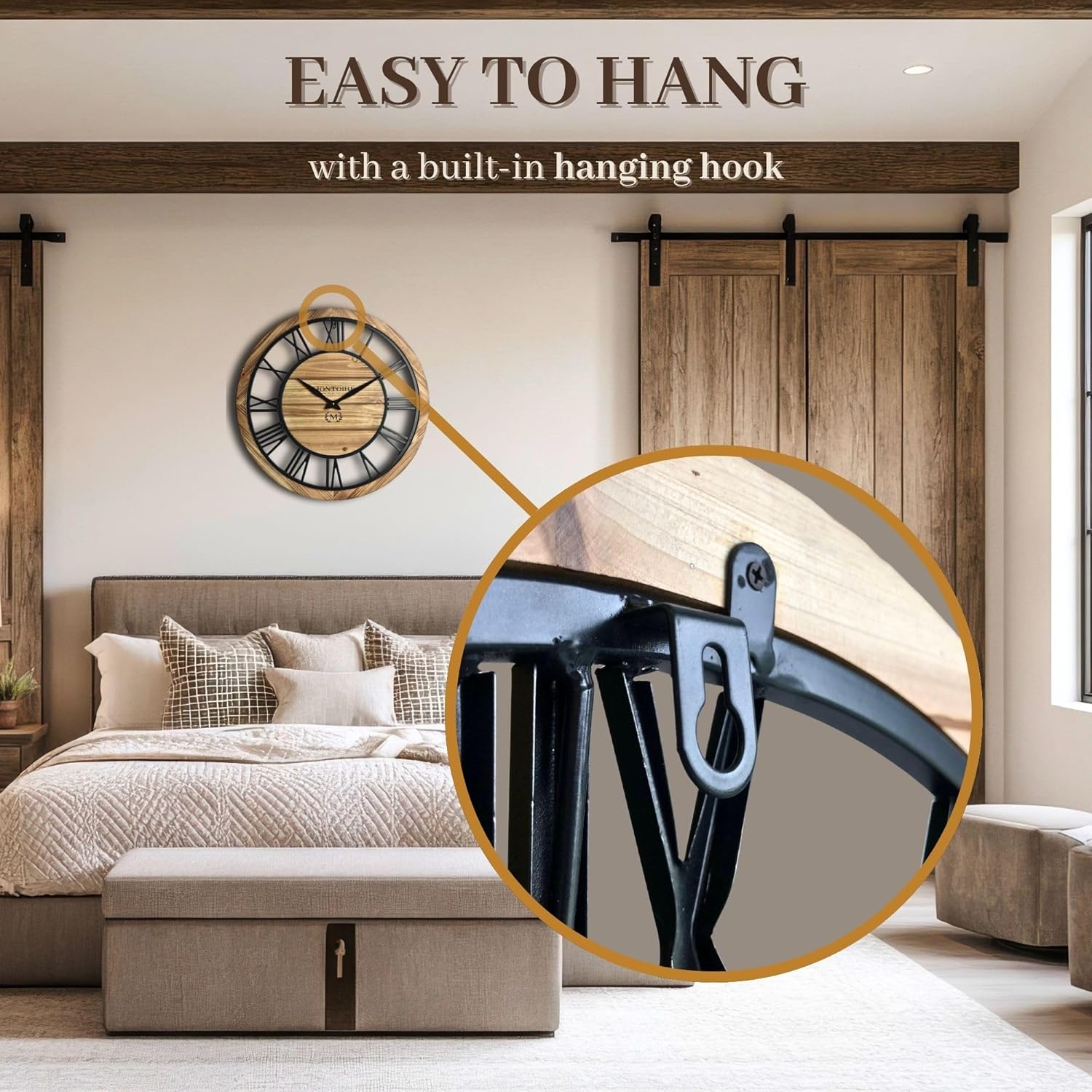 Montoire 24 Inch Wooden Farmhouse Wall Clock, Extra Large for Living Room Decor - Big Rustic Wood Large Round Wall Clock 24 Inches or Larger, Battery Operated with Decorative Roman Numerals