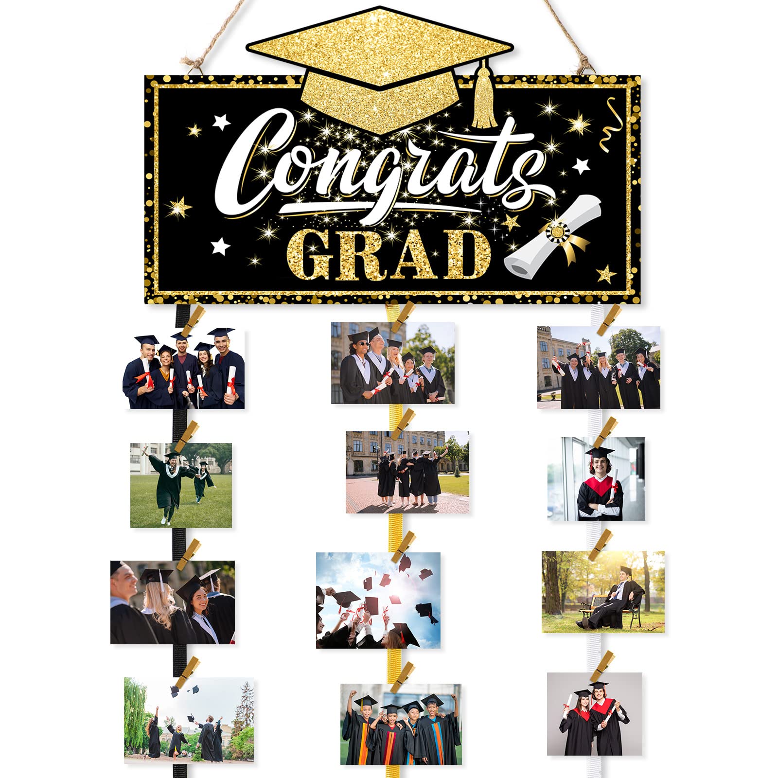 Photo 1 of Yalikop Graduation Photo Hanging Display 2026 Graduation Picture Frame Boards Black and Gold Congrats Grad Photo Banner with 30 Wooden Clips for Kindergarten Preschool High School College Grad Party