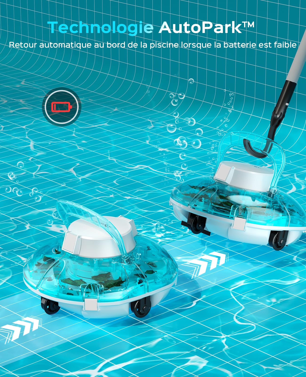 WINNY POOL CLEANER Winny 200 Robot Piscine, Aspirateur Piscine sans Fil avec Batterie, Autonomie 80 Min pour Piscines Hors-Sol 60m², Double Filtration,Stationnement Automatique(Bleu Marine-Blanc)