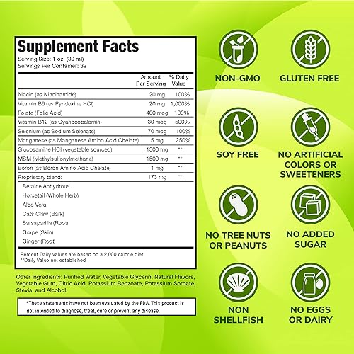 Miniatura 2 de Suplemento líquido de glucosamina más MSM, 1500 mg de glucosamina con MSM, apto para veganos, sin mariscos, sin OMG, suplemento de apoyo articular