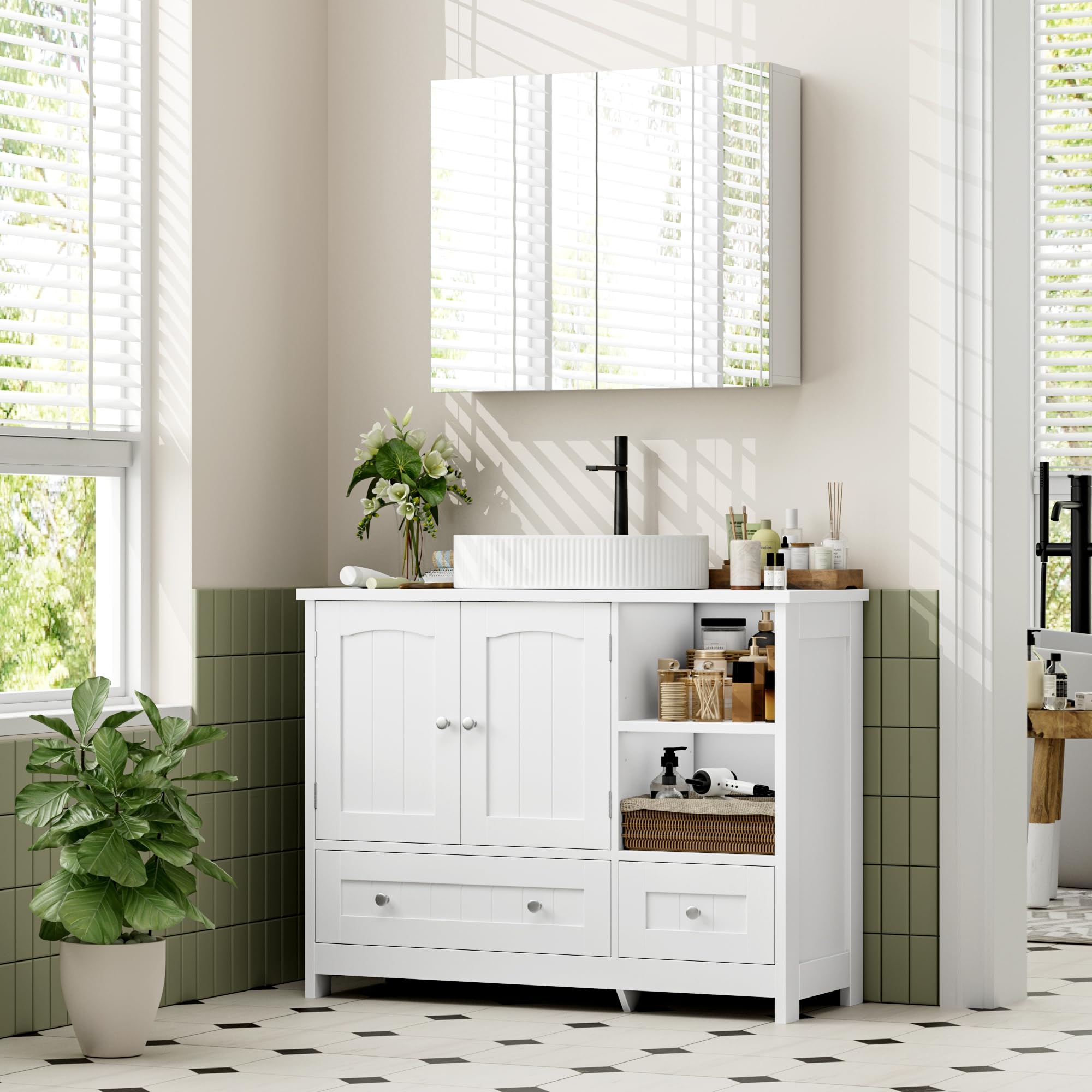 FOREHILL 80cm Mobile Bagno Sottolavabo Grande con 2 Cassetti e Ante Bianco | Mobile Sottolavabo per Bagno con Ripiani Regolabili,Mobile Bagno con 2 Scomparti Aperti,per Spazi Ridotti, Bagno,80x30x65cm