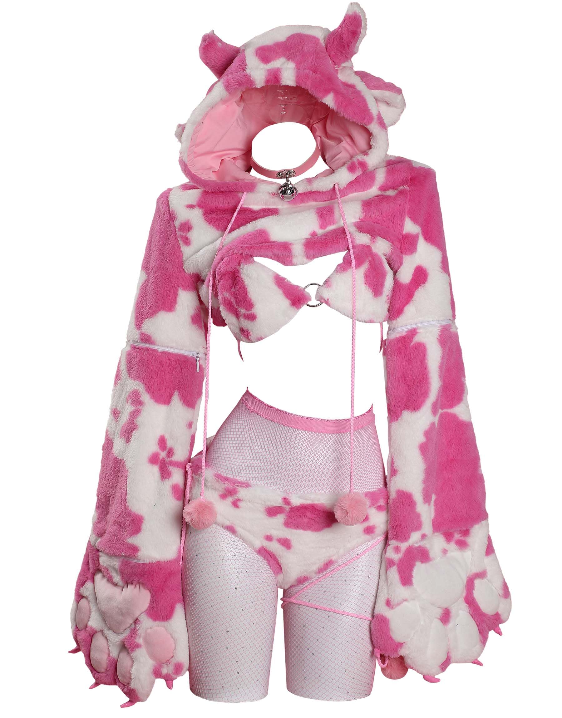 MobbunnyWomen's Anime Cute Pajamas Set Cow Print Cosplay Lingerie Furry Paw Set Fuzzy Hoodie Top and Bra Panty Outfit