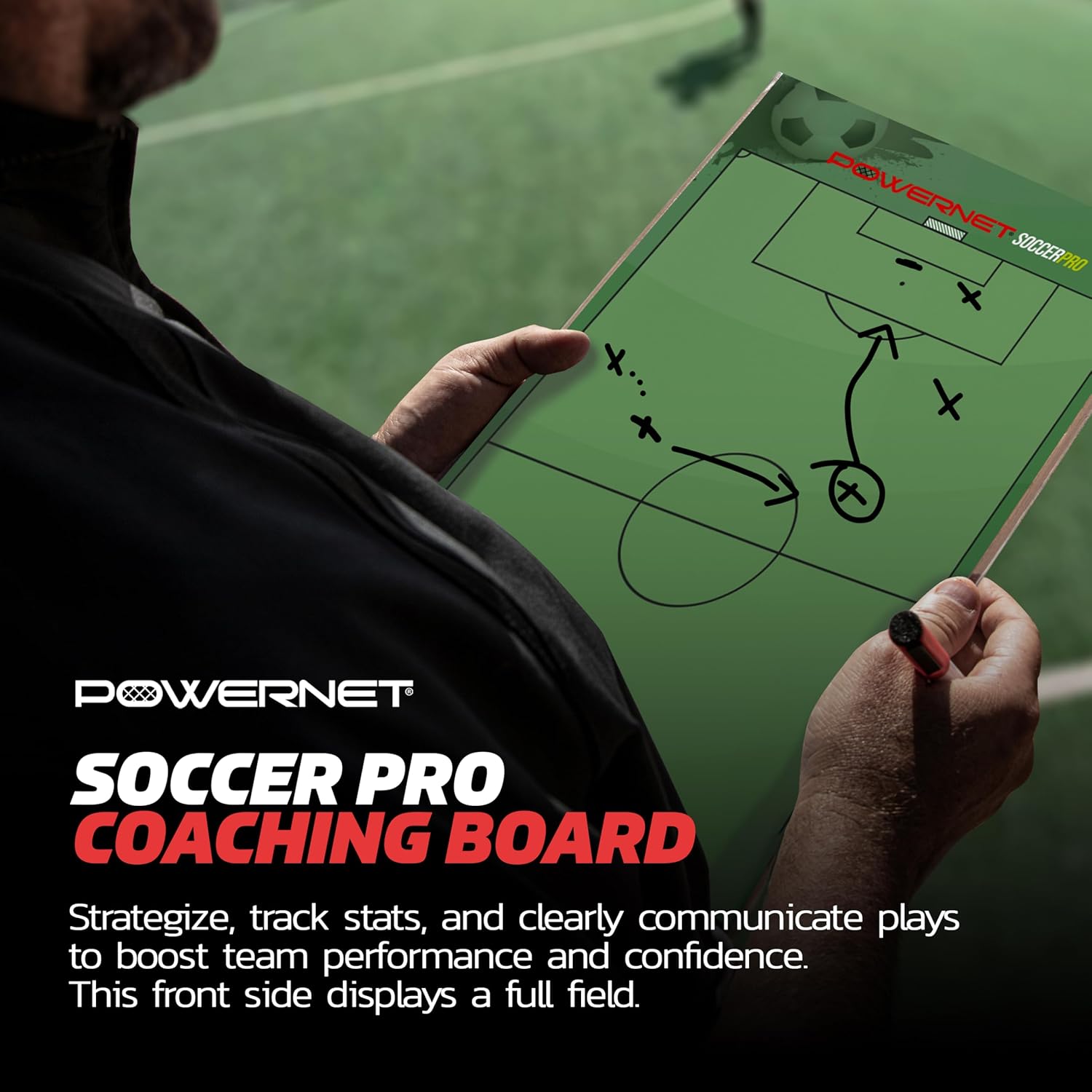 PowerNet Soccer Pro Coaching Board, Dry Erase Magnetic Clipboard, Built-in Line Up Card, Double Sided Weatherproof Soccer Coaching Board, Includes 2 Dry Erase Markers