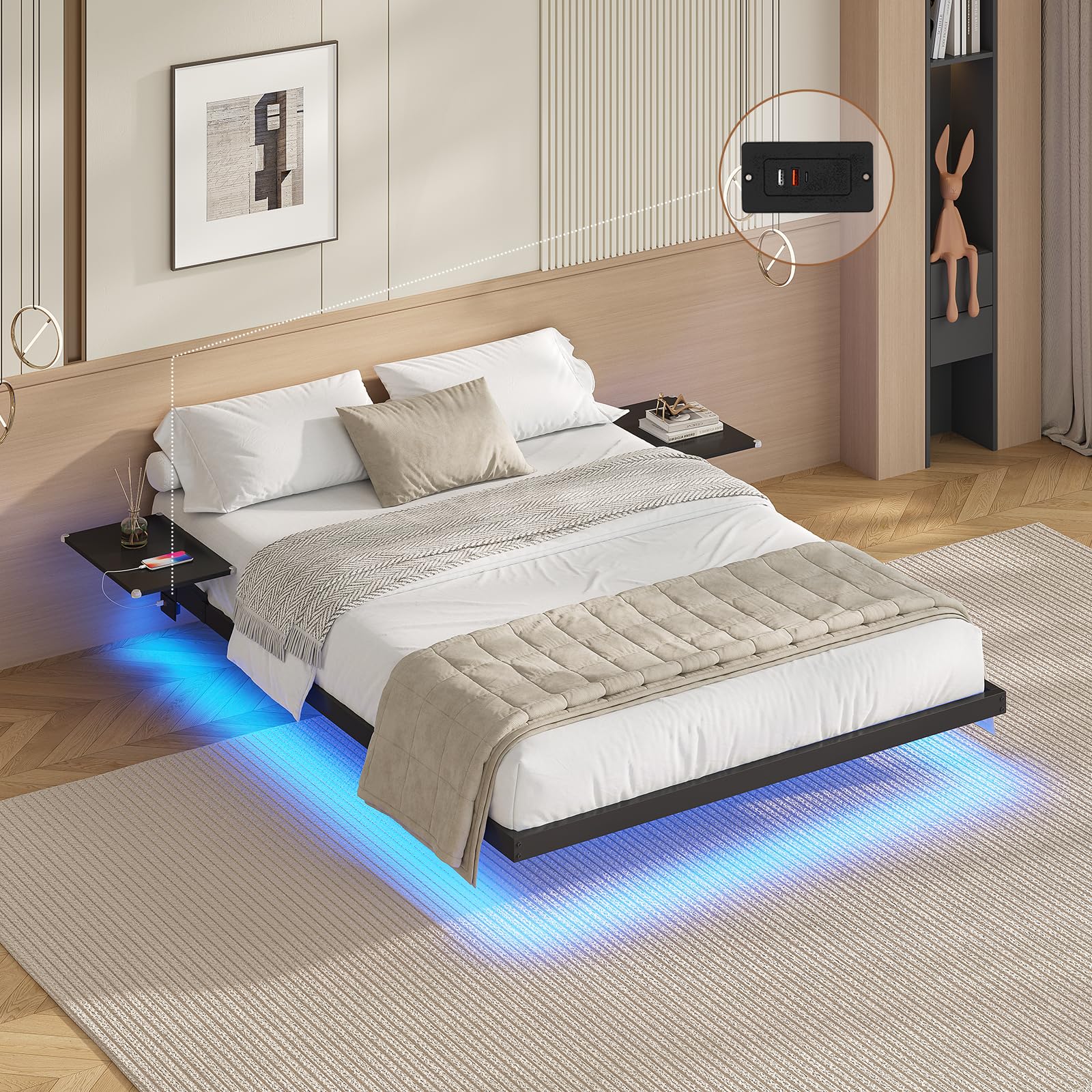 AOGLLATI Canapé-lit 140x200 Avec Multiprise Et Éclairage LED Réglable, Canapé-lit Convertible Capitonné Avec 6 Compartiments Et 24 Cm D’Espace Sous