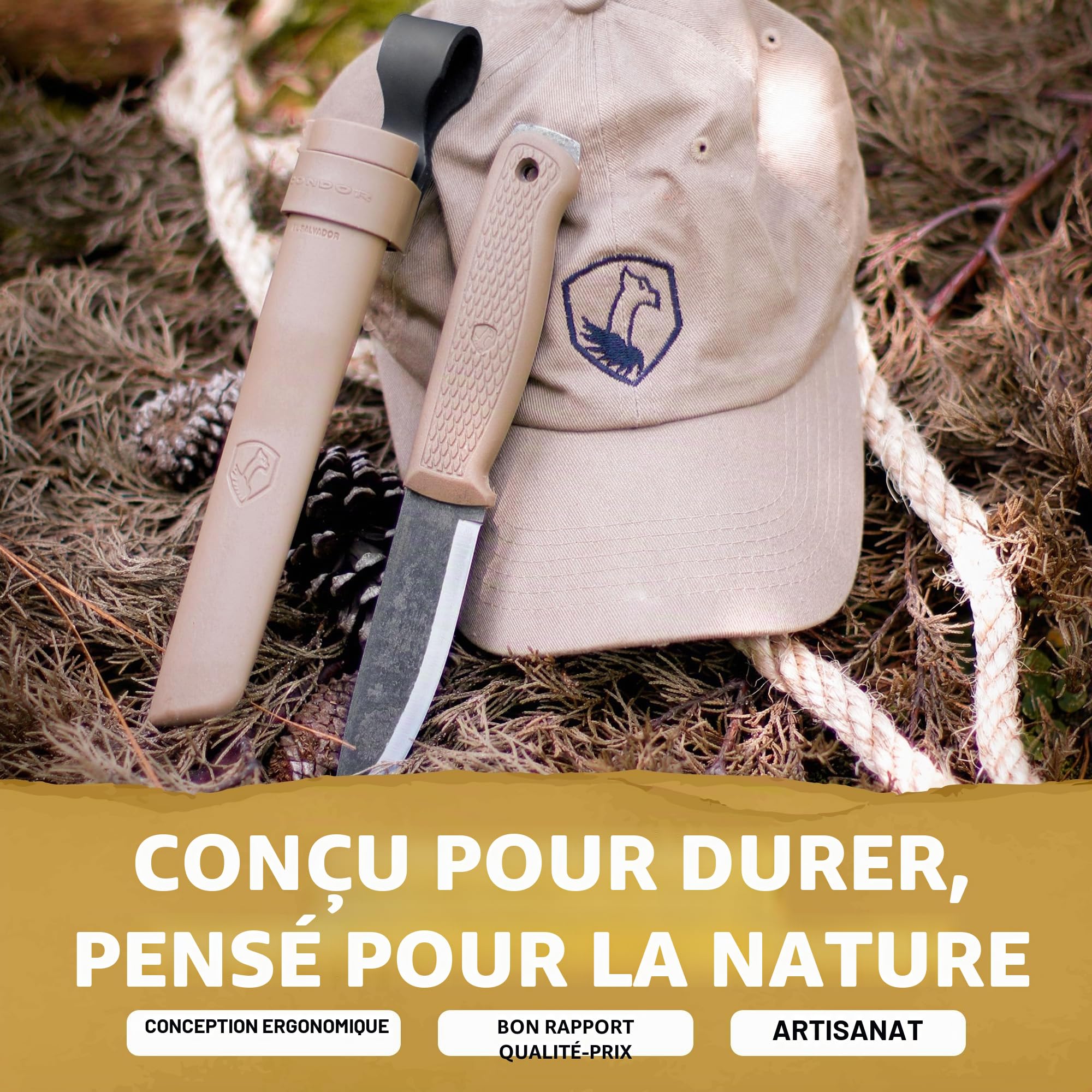 Condor Outil et couteau Terrasaur Couteau à lame fixe Desert – Acier à haute teneur en carbone 1095 – Gaine en polypropylène résistant aux impacts – Bord scandinave – Épaisseur 3 mm – Lame de 10,7 cm