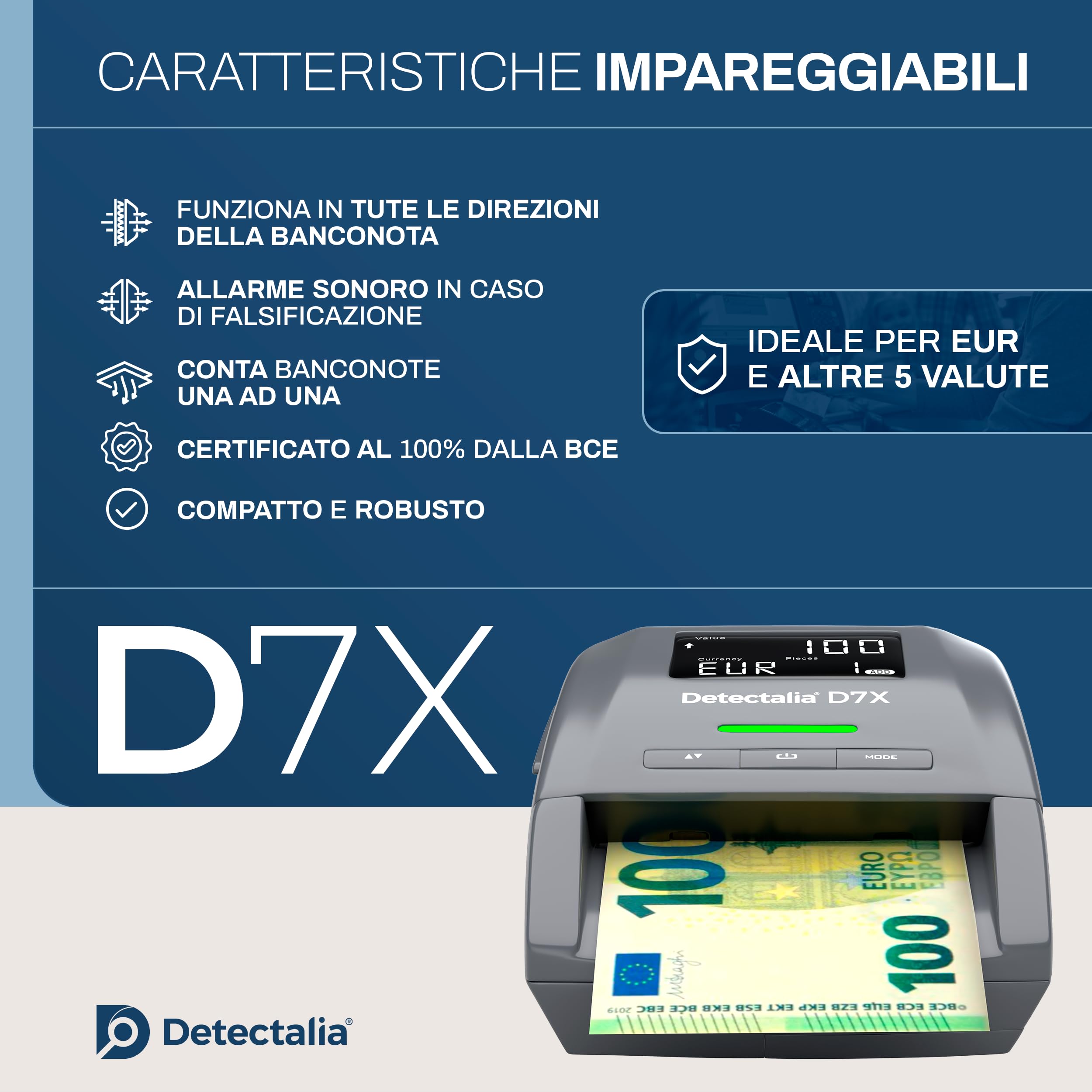 Detectalia D7X - Rilevatore di banconote false con affidabilità al 100% per EUR, GBP, CHF, PLN, CZK e SEK