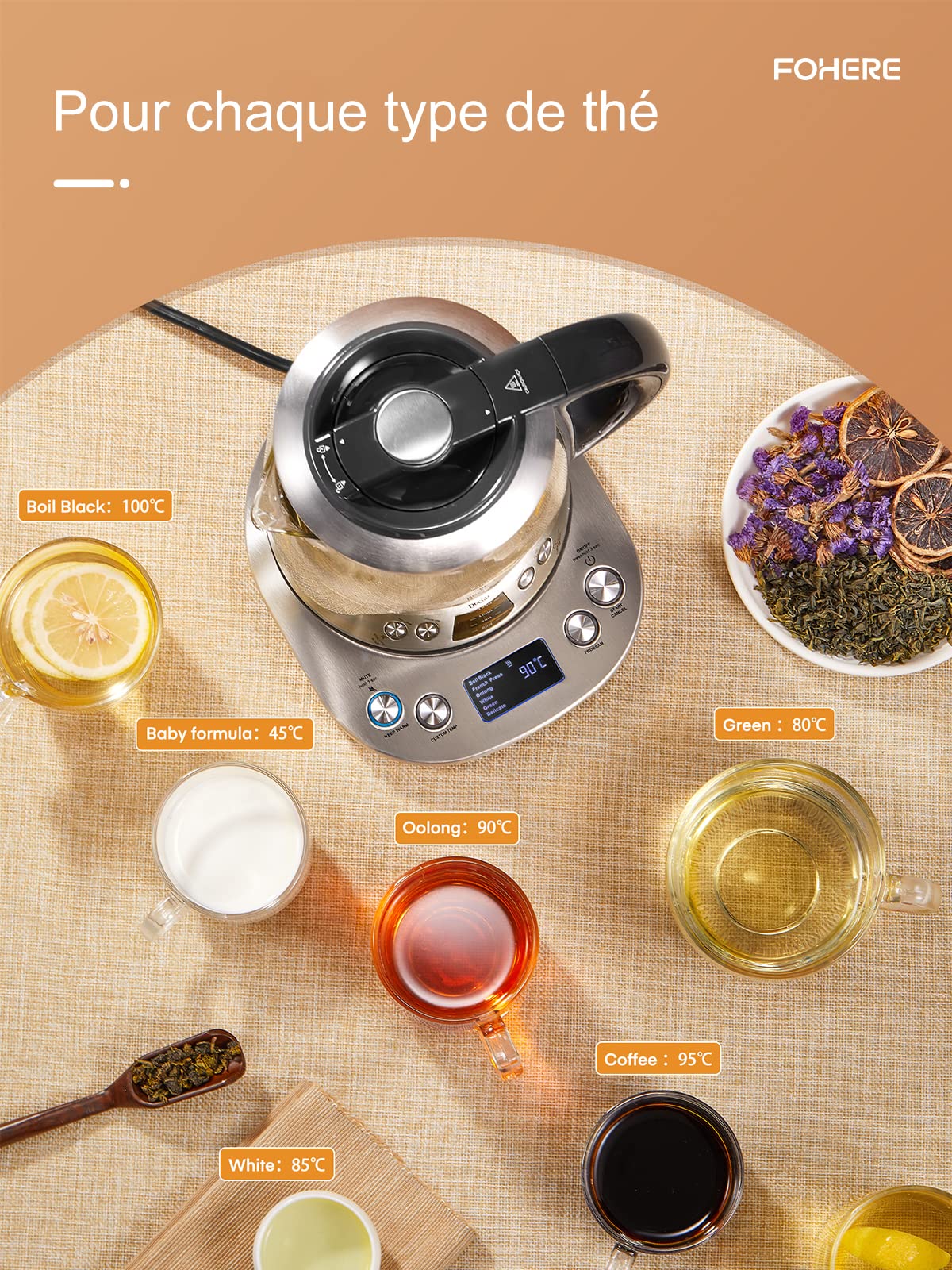 FOHERE Bouilloire électrique en Verre, Théière Electrique Température Réglable 2200w, Fonction de Maintien au Chaud 120 Mins, Infuseur à thé Amovible, 1.7L