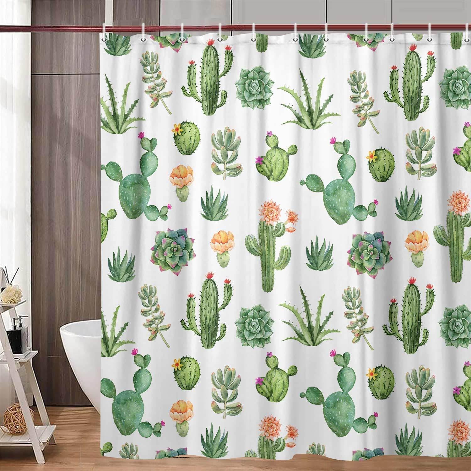 JAWO Western Shower Curtain, Western Cactus Plant Bathroom Accessories Decor, Green Cactus Plant Fabric Curtain with Hooks, 70x75IN