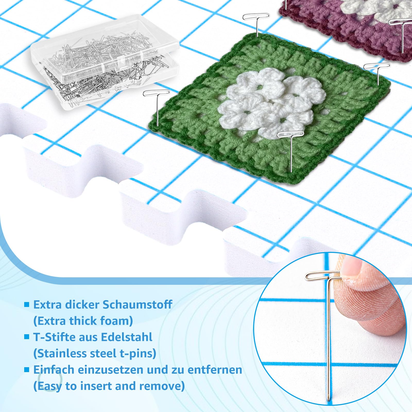 Oungy Kit Blocage Tricot 9 Dalles Modulables en Mousse avec 100 Épingles, Tapis Crochet Grille 30,5 cm, Planches pour Laine, Dentelle et Couture Créative
