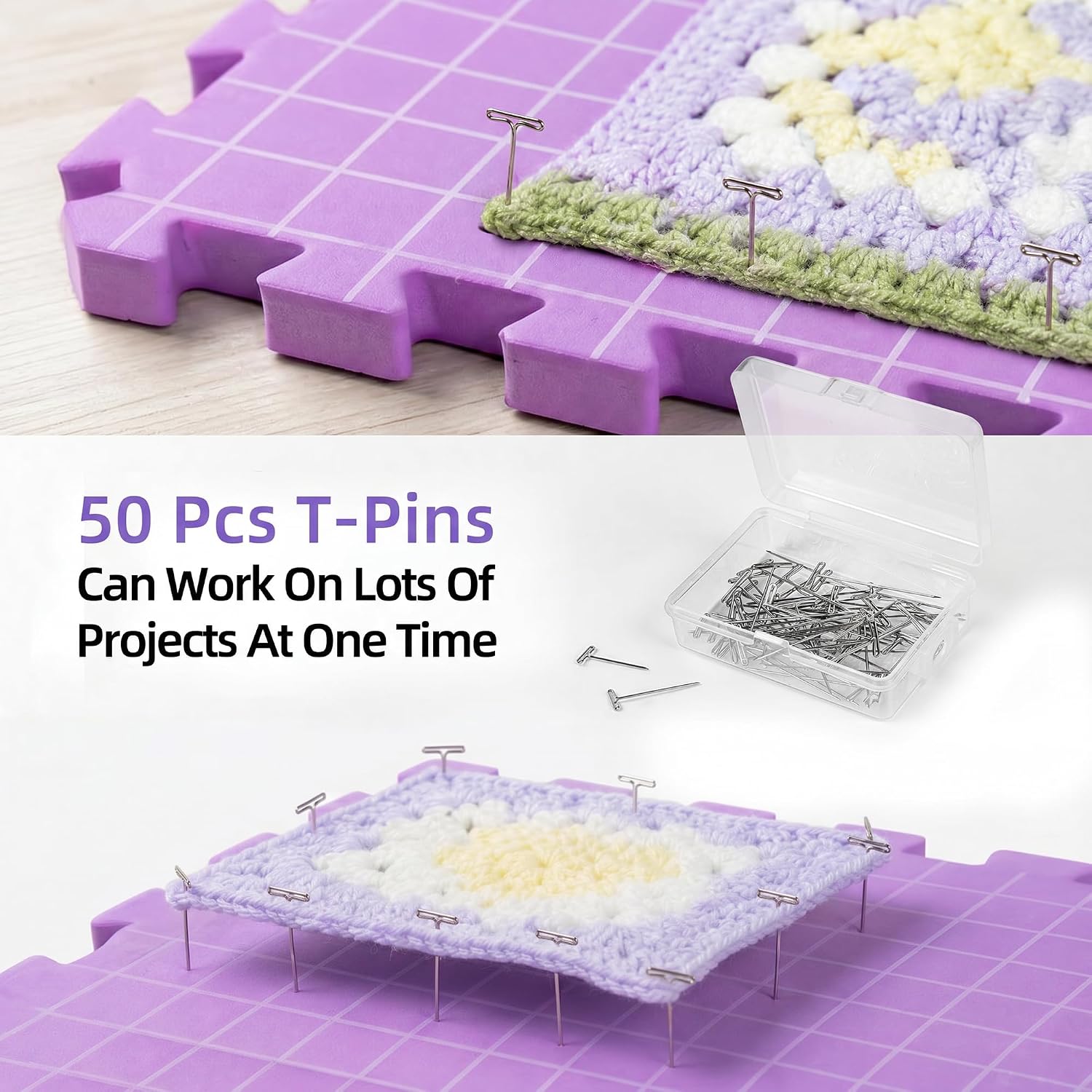 Blocking Mats for Knitting & Crochet Projects, for Knitting & Crochet Projects, Foam Board Design, Includes 50 T-Pins for Yarn Craft Blocking, (12” x 12” 4 Pack)