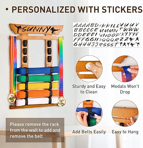 Miniatura 4 de Tilhumt Estante de exhibición de cinturón de karate de 8 cinturones con colgador de medallas y calcomanías, soporte para cinturón de taekwondo,