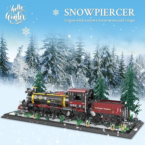 Miniatura 4 de WVINVW Bloque de construcción clásico de locomotora de vapor, juego de tren con luces, pista de tren, base y 3 árboles, regalos para amantes del