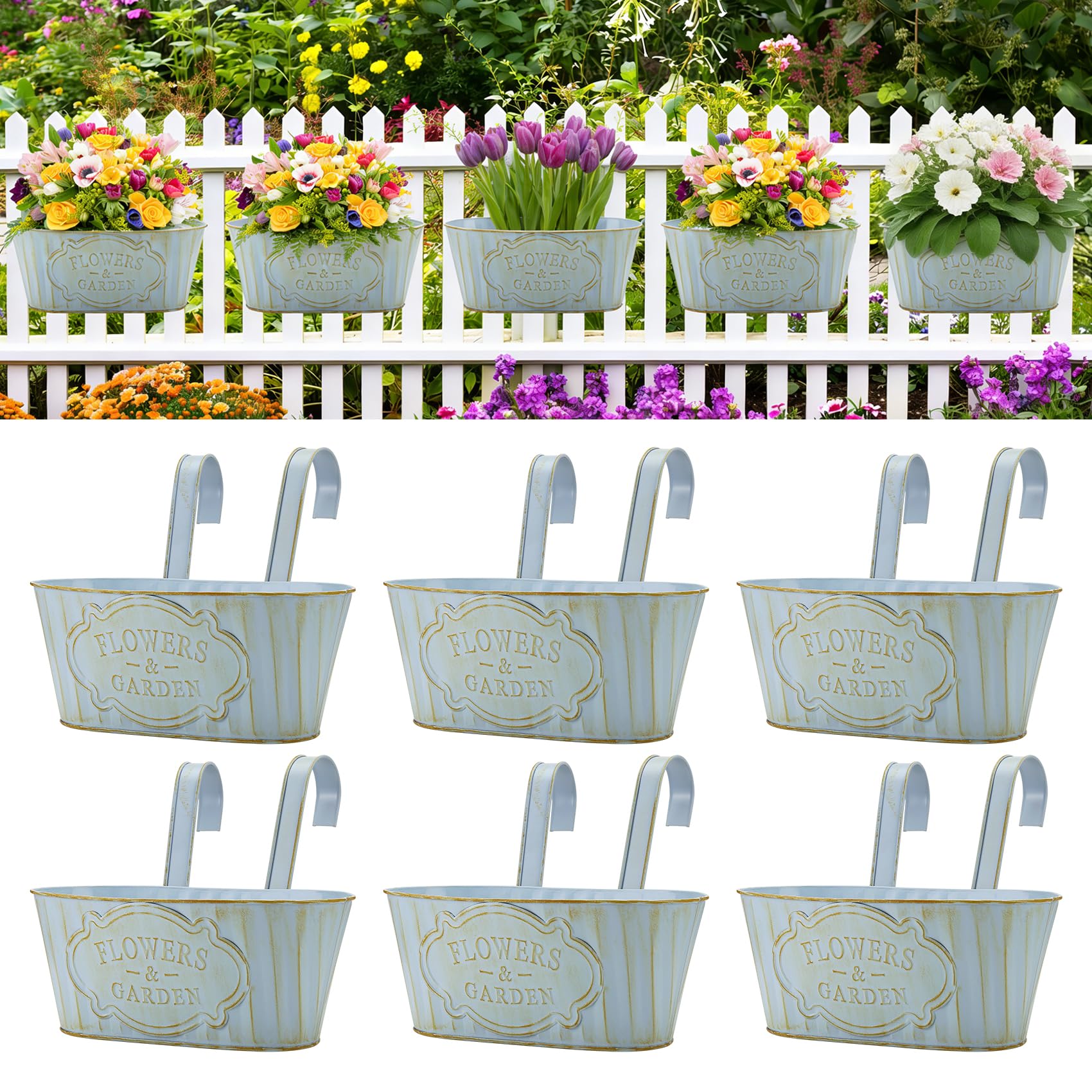 Kit di 6 Fioriere da Appendere in Ferro, Vintage, 27,5 cm, per Balcone, Recinzione, Portico, Blu
