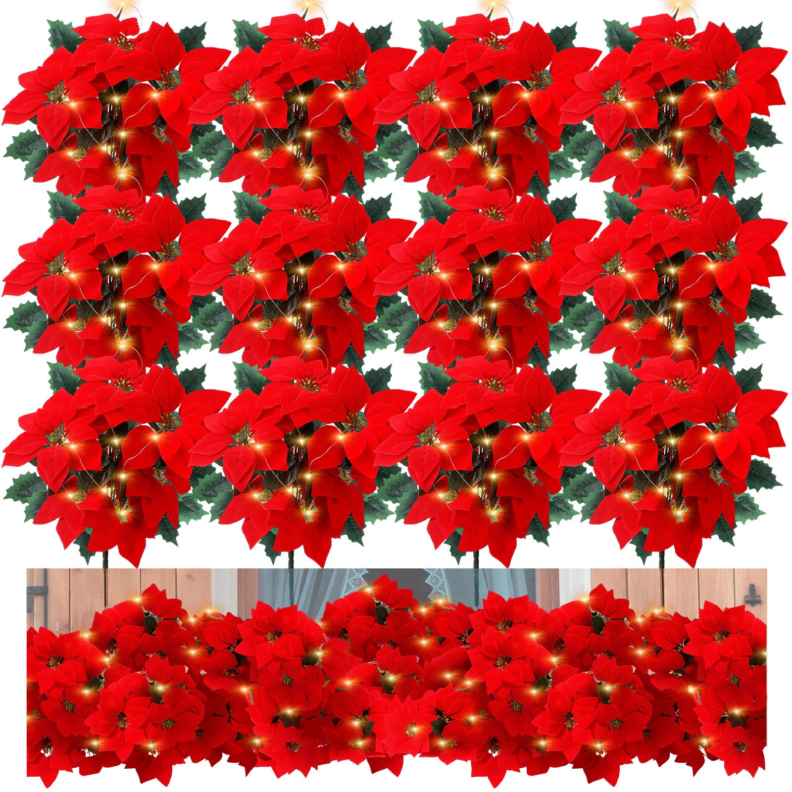 Lot de 12 fleurs de poinsettia artificielles lumineuses de Noël en vrac, 40 cm, 7 tiges artificielles en velours rouge pour intérieur et extérieur, décoration de sapin de Noël, maison, porche