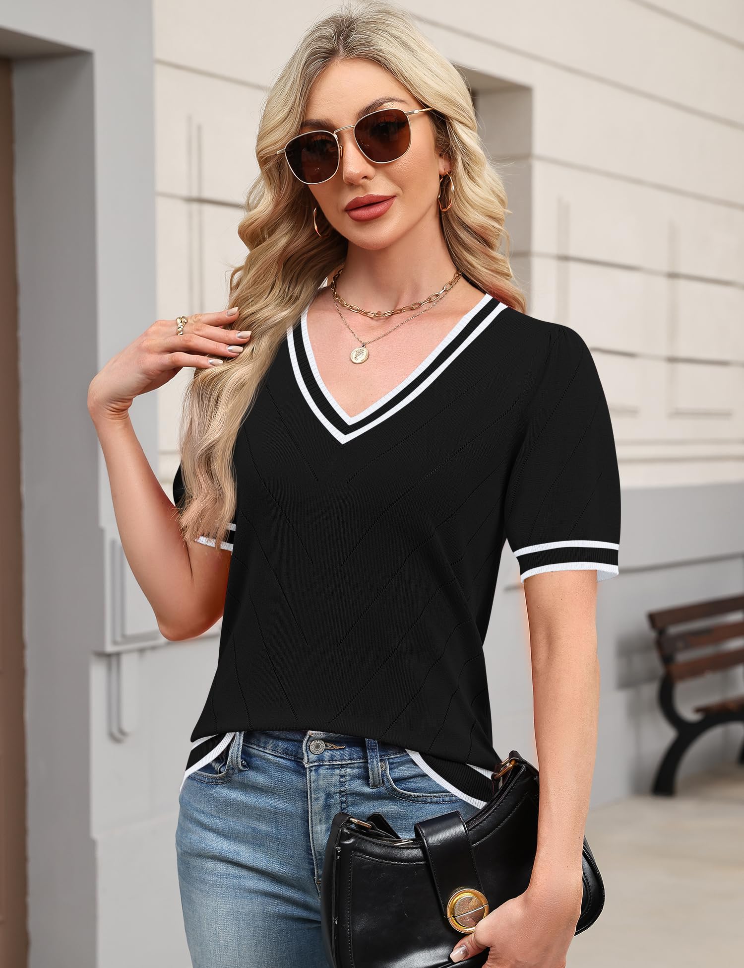 Rapbin Pullover Damen Sommer Elegant Kurzarm Pulli Shirt V Ausschnitt Puffärmel Oberteil Top Leichte Mode Bluse Tshirt