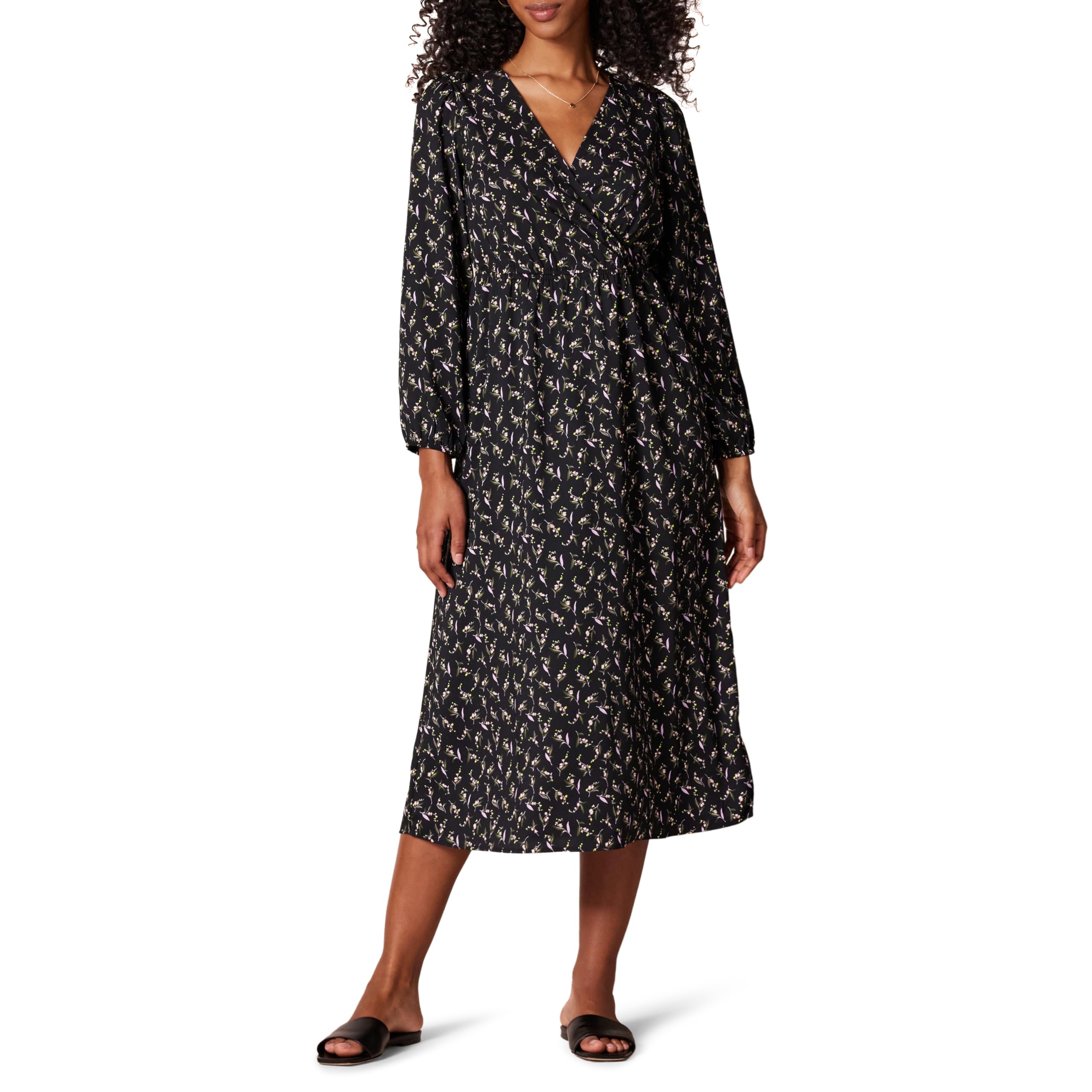 Amazon Essentials Vestido Midi Ligero Georgette de Manga Larga con Cuello de Pico (Disponible en Tallas Grandes) Mujer