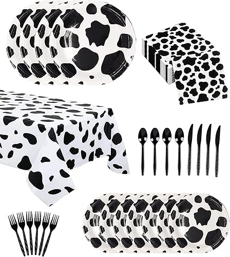 151 piezas de suministros de fiesta con estampado de vaca, animales de granero, decoración de fiesta temática de vaca, mantel de vaca, servilletas,