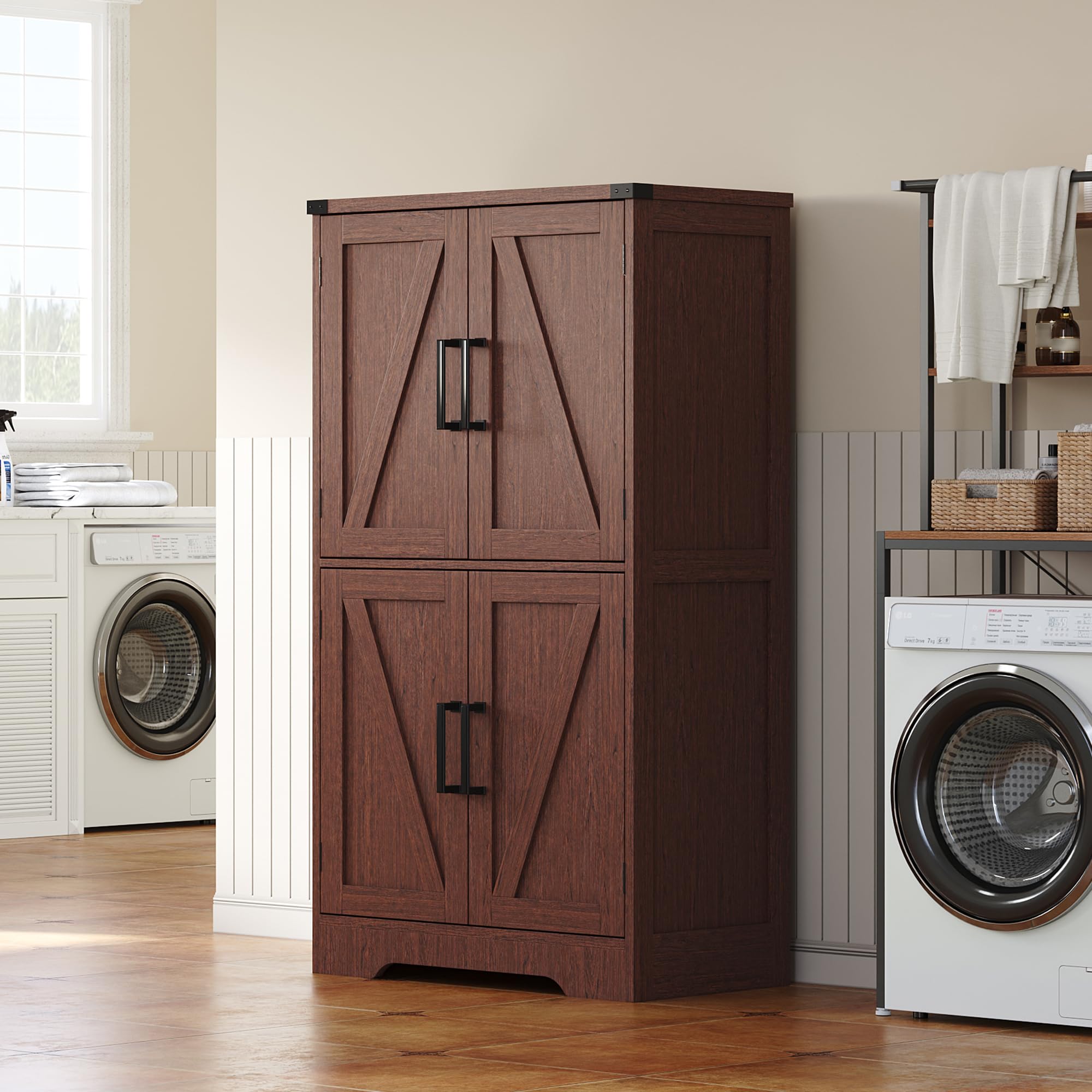 Treocho Farmhouse Floor Cabinet, Walnut color, closed doors