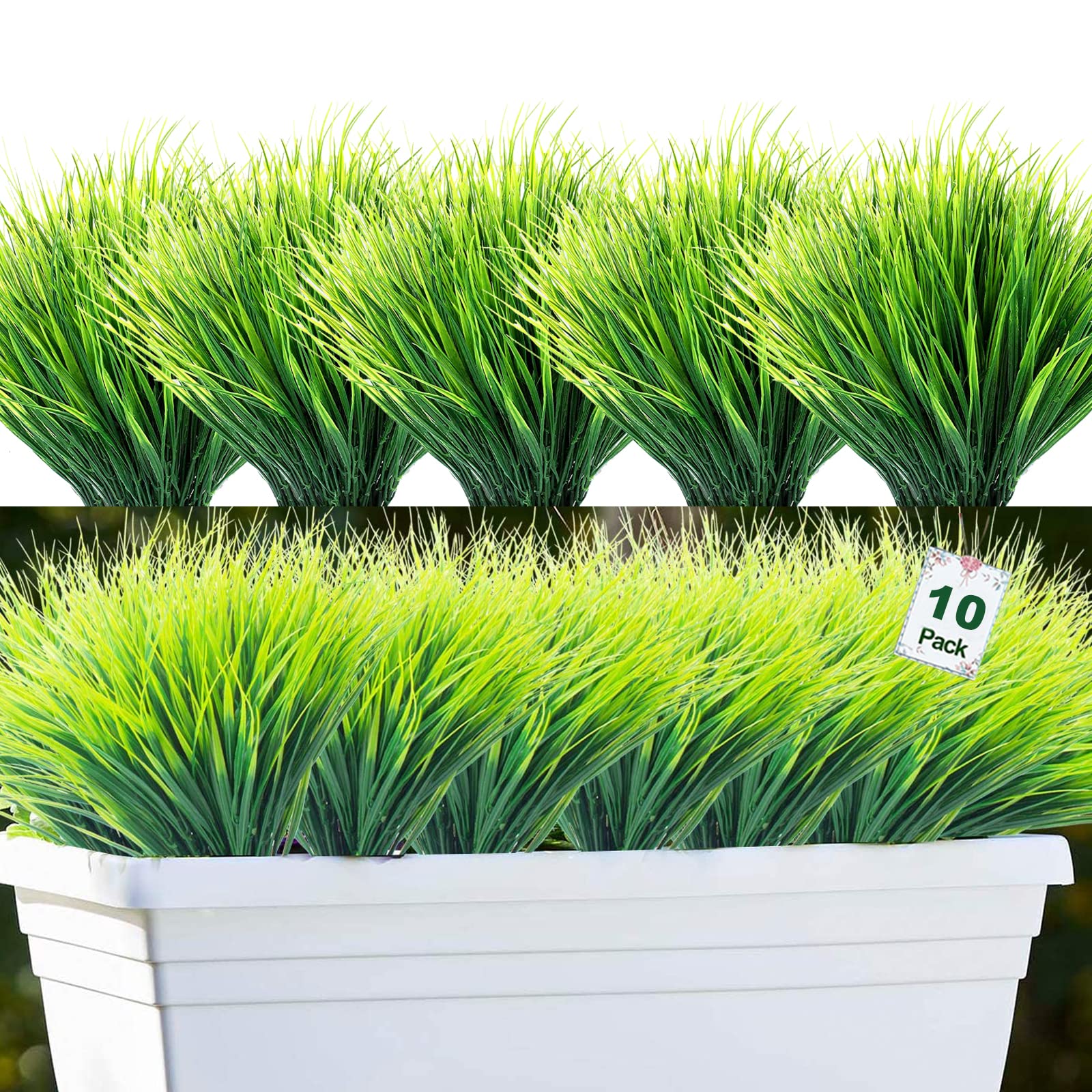 EWODEIEW 10 Bundles Artificial Grasses Outdoor UV Resistant Fake Grass No Fade Faux Plastic Plants Garden Window Box Decorating…