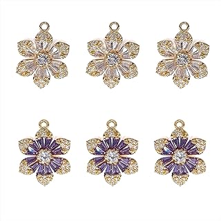 ZeaLian 6Pcs Zirconia White/Purple Crystal Six Petal Flower Gold Plated Alloy Charms for Jewelry Making Bracelet Necklace Earring Pendant Craft Supplies DIY Accessories