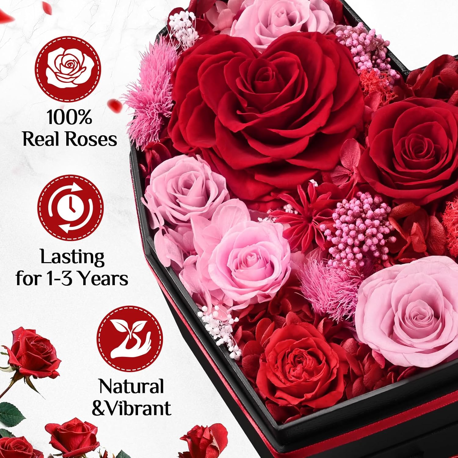MARTINE MALL Forever Flowers for Delivery, Mothers Day Birthday Gifts for Women Mom 10 Preserved Real Roses in a Box Gifts for Her Girlfriend Wife Grandma Lasting Eternal Flowers with Necklace, Red