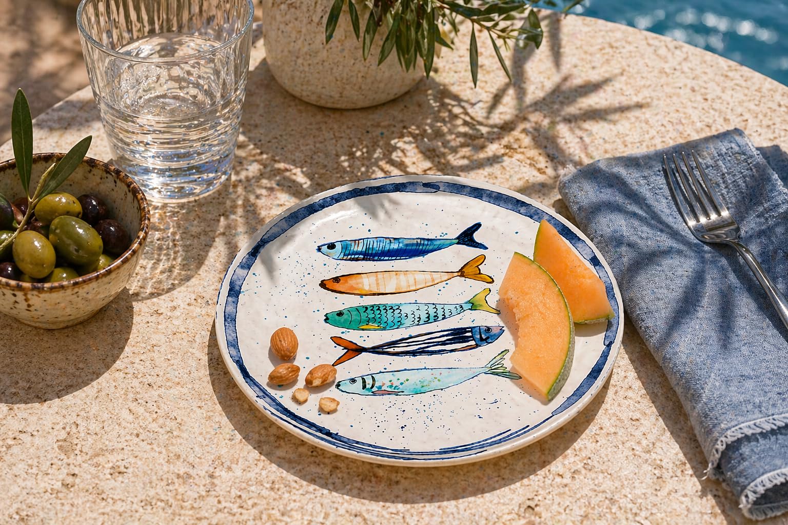 Teller im mediterranen Design mit Sardinen-Motiv | Maritime Speiseteller (26 cm), Suppenteller (21 cm) oder Dessertteller (20 cm) - robust, Steinzeug, glattes Finish (4er Set Dessertteller (20 cm))