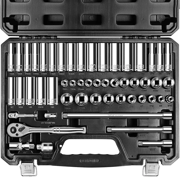 pgroup 3/8" Drive Socket Set, 52-Piece SAE (3/16-9/16 in) and Metric (4-14 mm) Deep & Shallow Socket Kit, 90-Tooth Ratchet Wrench, 6-Point, Chrome Vanadium Steel Mechanic Tool Set