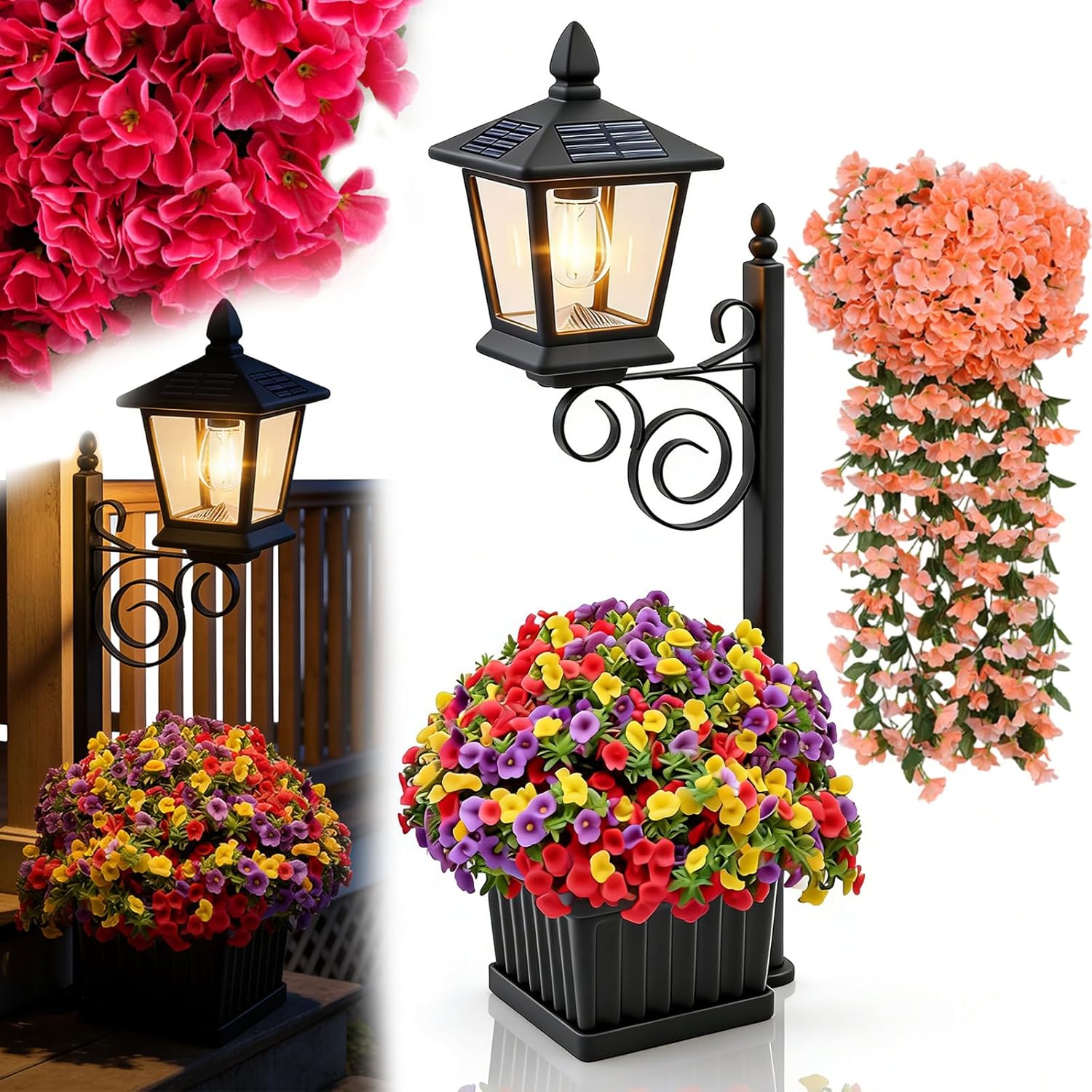 2-in-1 Solar Lamp Post Light with Planter, IP65 Waterproof Auto On Off with Artificial Flowers, Wall Mount Freestanding for Porch Planters with Flowers, Garden Patio Yard