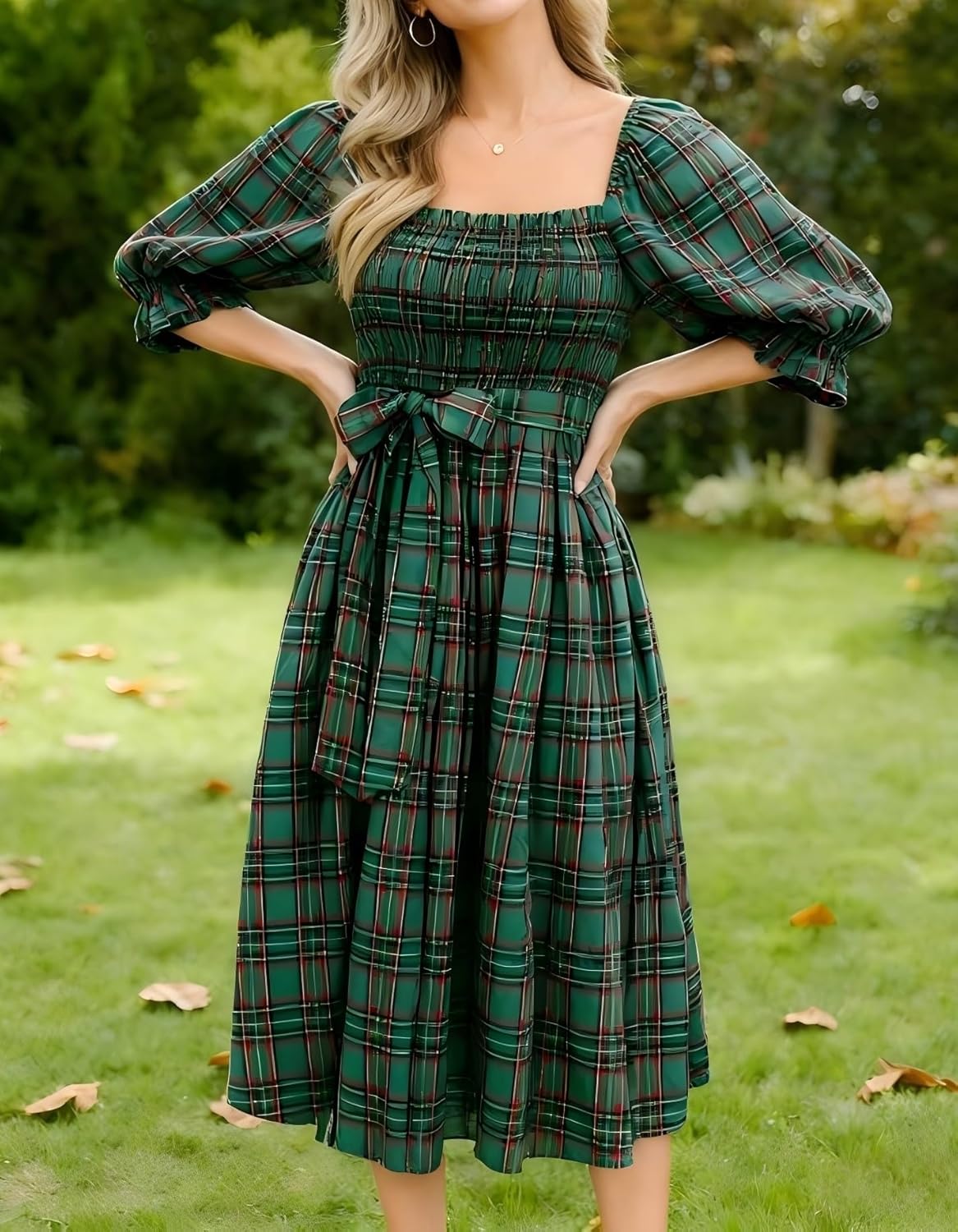Women Christmas Plaid Maxi Dress Puff Sleeve Smocked Long Flowy Dress Bow Tie Ruffle Gingham Dresses - Image 5
