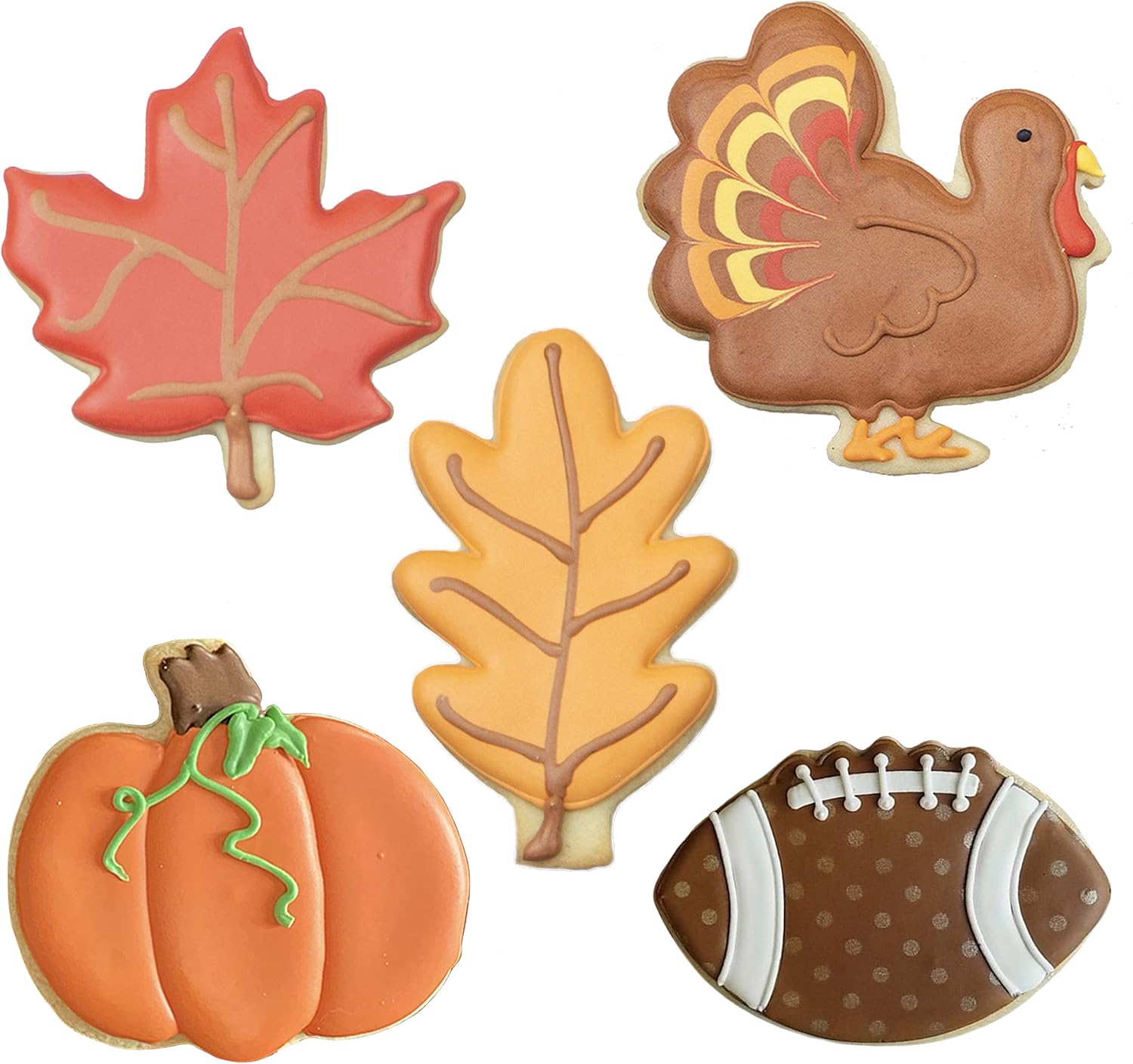 Fall Thanksgiving Cookie Cutter 5 Piece Set with Recipe Booklet, Maple Leaf, Turkey, Oak Leaf, Pumpkin, Football Made in USA by Ann Clark Cookie Cutters