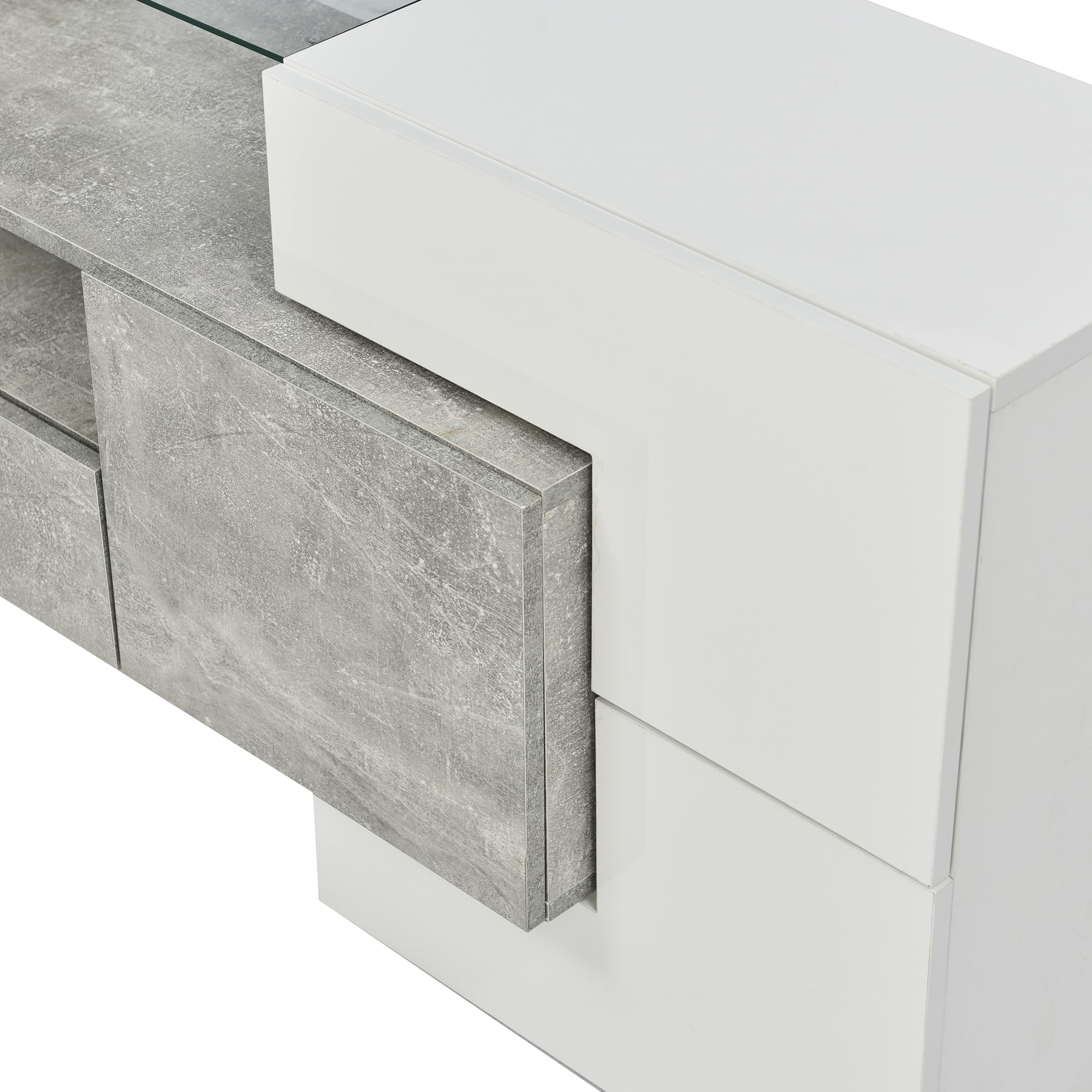 Meuble TV moderne 200 cm blanc brillant avec éclairage LED pour salon Surface en verre élégante Design élégant Meuble contemporain WW31116017-01