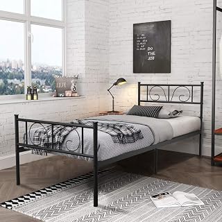 Twin Bed Frames Black for Boys Teenagers Adult, Single Platform Steel Bed Frame with Storage Girls Twin Size Beds Mattress Foundation Metal Slats Support with Headboard Footboard No Box Spring Needed