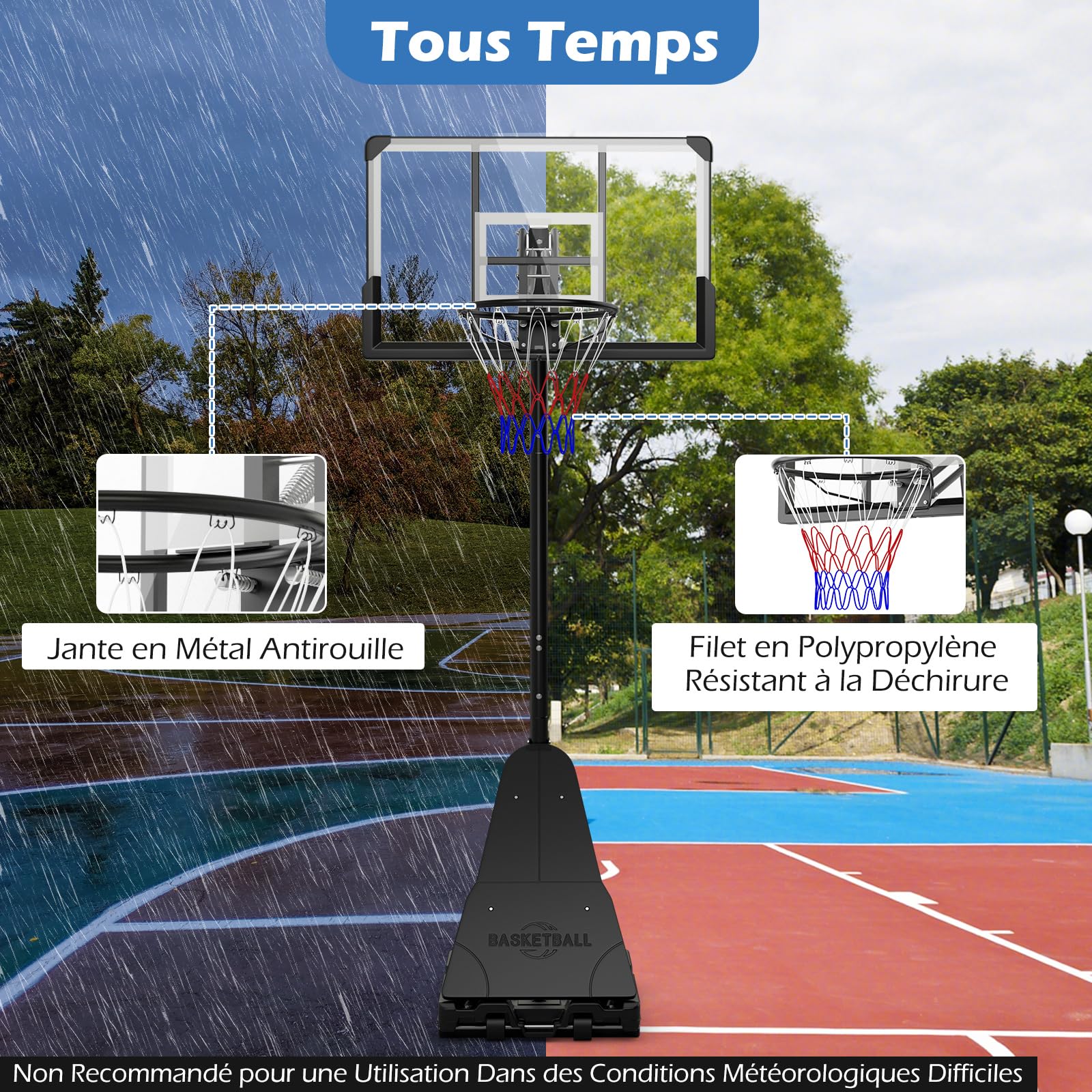COSTWAY Panier de Basket sur Pied Extérieur Hauteur 1,5/2,45-3,05 m, But de Basket-Ball Adultes Portable avec Panneau Incassable Base Remplissable à roulettes pour Jardin Terrain