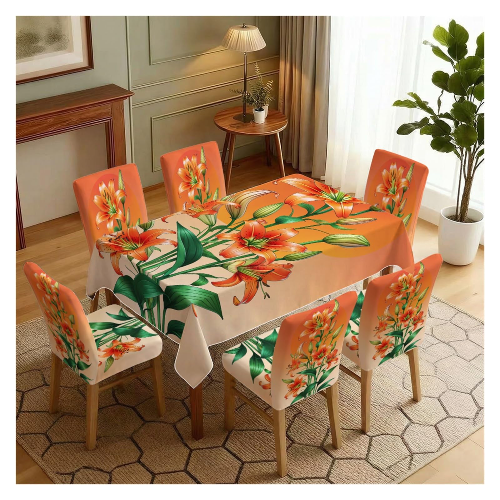 Housses de chaise extensibles et nappe imprimé lys motif raffiné 7 pièces