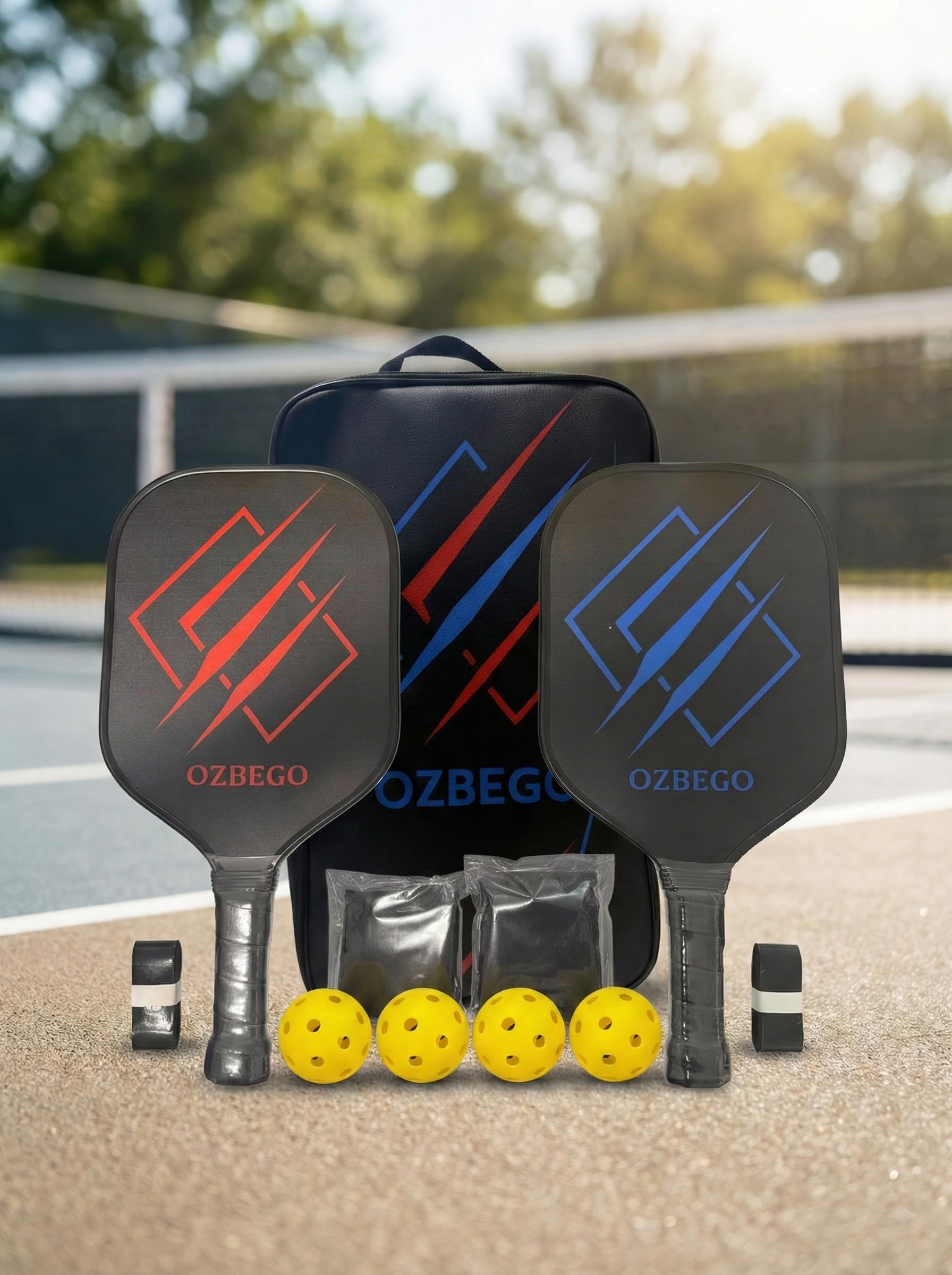 Pickleball Schläger Set 2er aus Carbon – inkl. 4 Bälle, Tasche & Overgrips – Leicht, rutschfest – Für Anfänger & Fortgeschrittene – OZBEGO