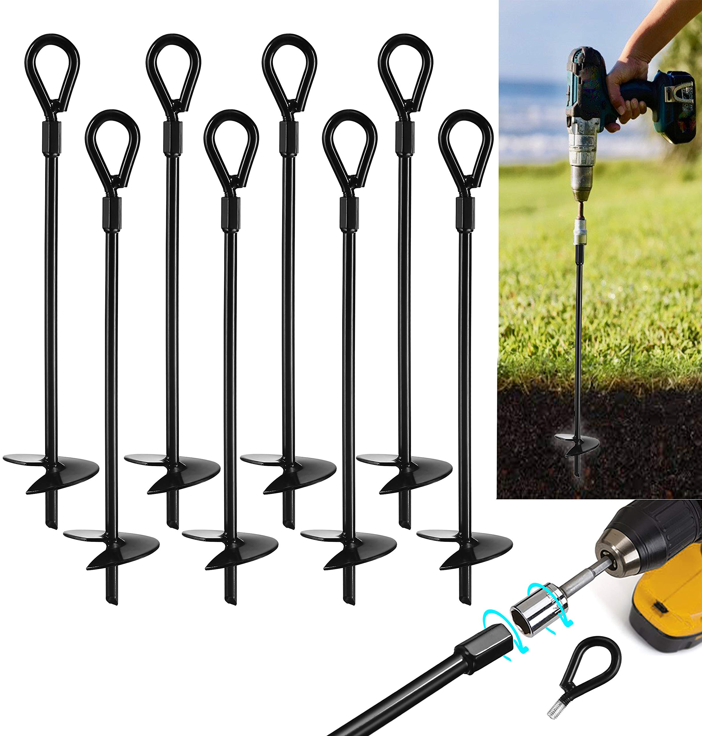 VASGOR 15” Ground Anchors (8pcs) Easy to Use with Drill, 10mm Diameter