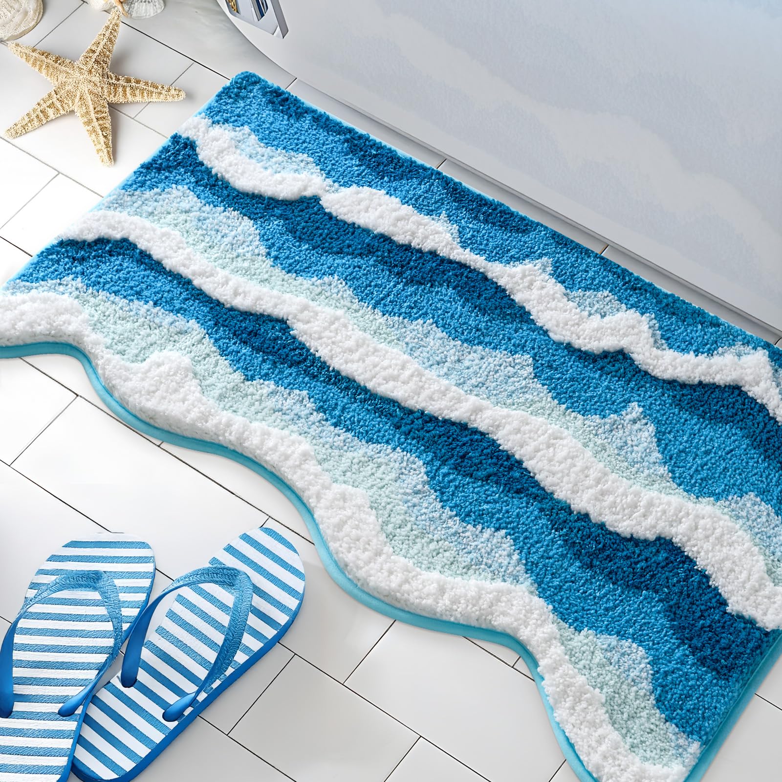 3D Ocean Wave Bathroom Rugs Blue 21x32 Inch Soft and Absorbent Tufted Beach Bath Mat Non Slip Washable