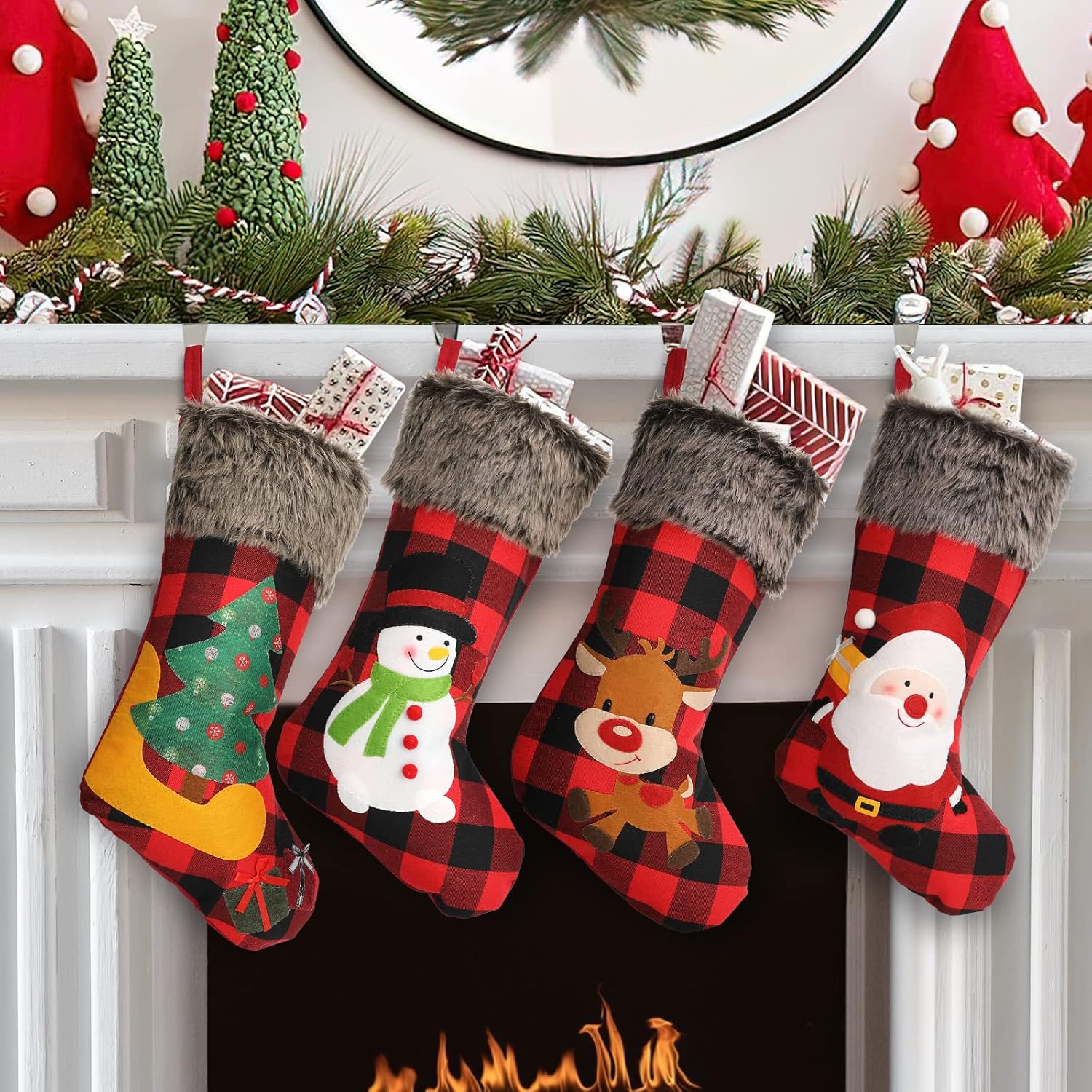 GoldFlower Christmas Stockings 4 Pack, 18'' Large Xmas Stockings with Santa Snowman Gnomes Pattern, Christmas Stockings for Family Stairs Fireplace Tree Hanging Home Decorations Party Season Decor
