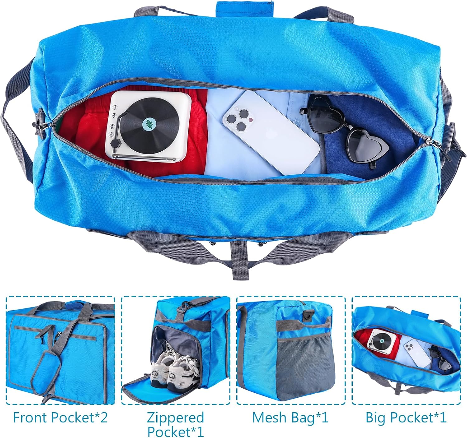 60L Duffle Bag with Shoes Compartment - Foldable&Large Capacity Travel Duffel Bags, Lightweight & Water-Resistant Gym Bag - Light Blue