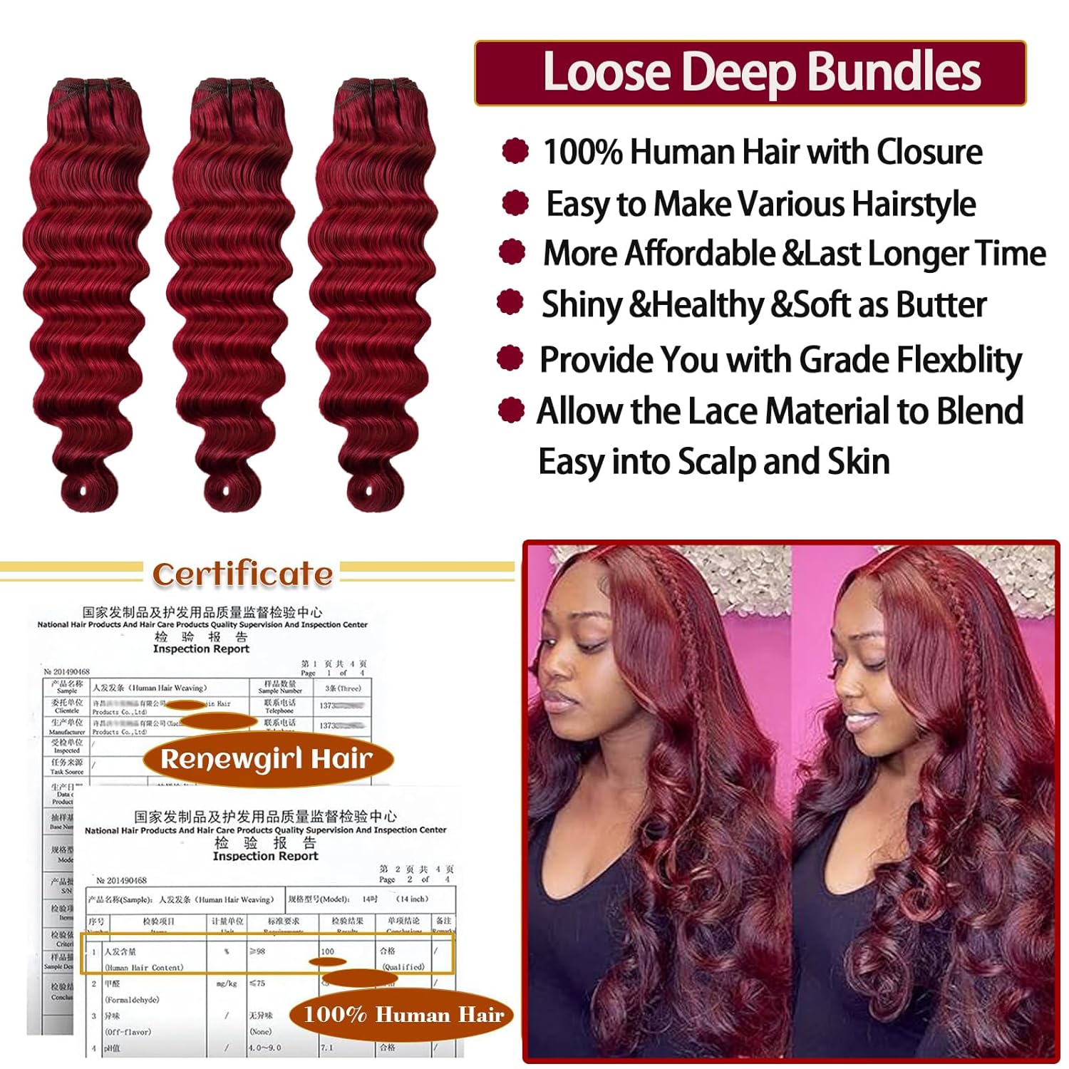 Loose Deep Wave Human Hair Bundles with Closure,10A 99j Burgundy Bundles Human Hair with 4x4 HD Lace Closure 20 22 24+20inch Win Red Colored Loose Wave Bundle Raw Quick