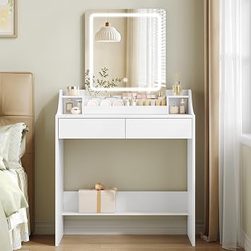Hzuaneri Dressing Table with LED Lights, 80 cm Desktop, 2 Drawers, White