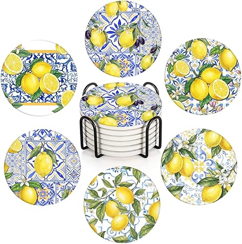 Juego de 6 posavasos para bebidas, color amarillo, limón, fruta, azul, cerámica, absorbente, con base de corcho y soporte de metal, regalo