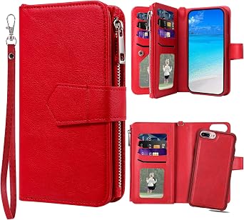 2 in 1 Magnetic Wallet Case, PU Leather iPhone Plus Case with Card Holder, Red
