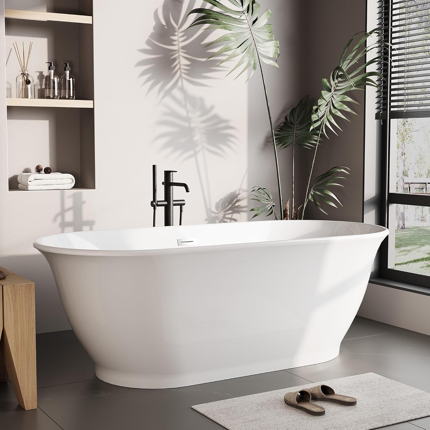 GarveeLife 55 InchFreestanding Acrylic Bathtub, Deep Soaking Tub with Non-Slip Base & Chrome Drain, Space-Saving Bathtub, Easy Install, CUPC CertifiedModern Tub for Bathrooms